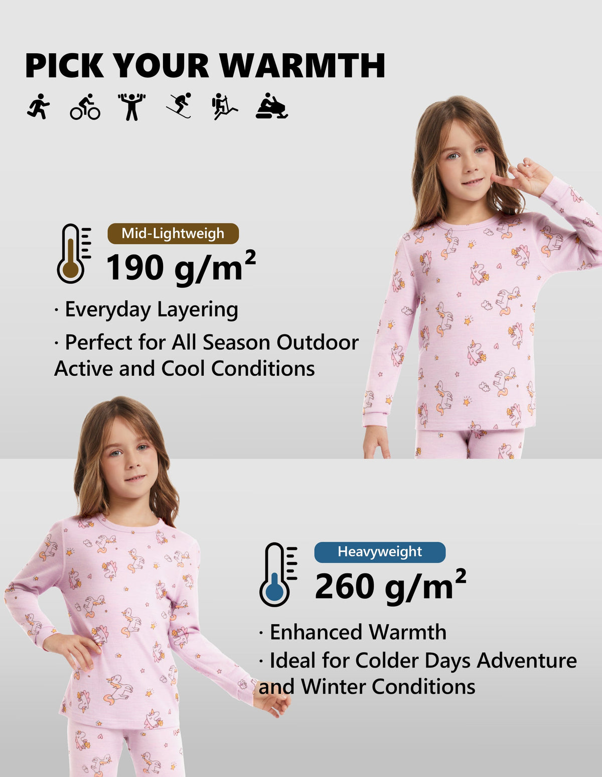 Woolcano Kid's 190g Merino Wool Unisex Base Layer Set Lightweight Thermal Underwear