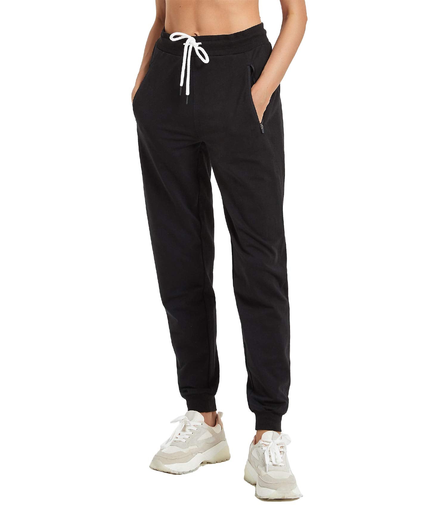 PULI Women's Workout Sweatpants Cotton Jogger Ribber Splicing Lounge Sweat Pants with Zipper Pocket