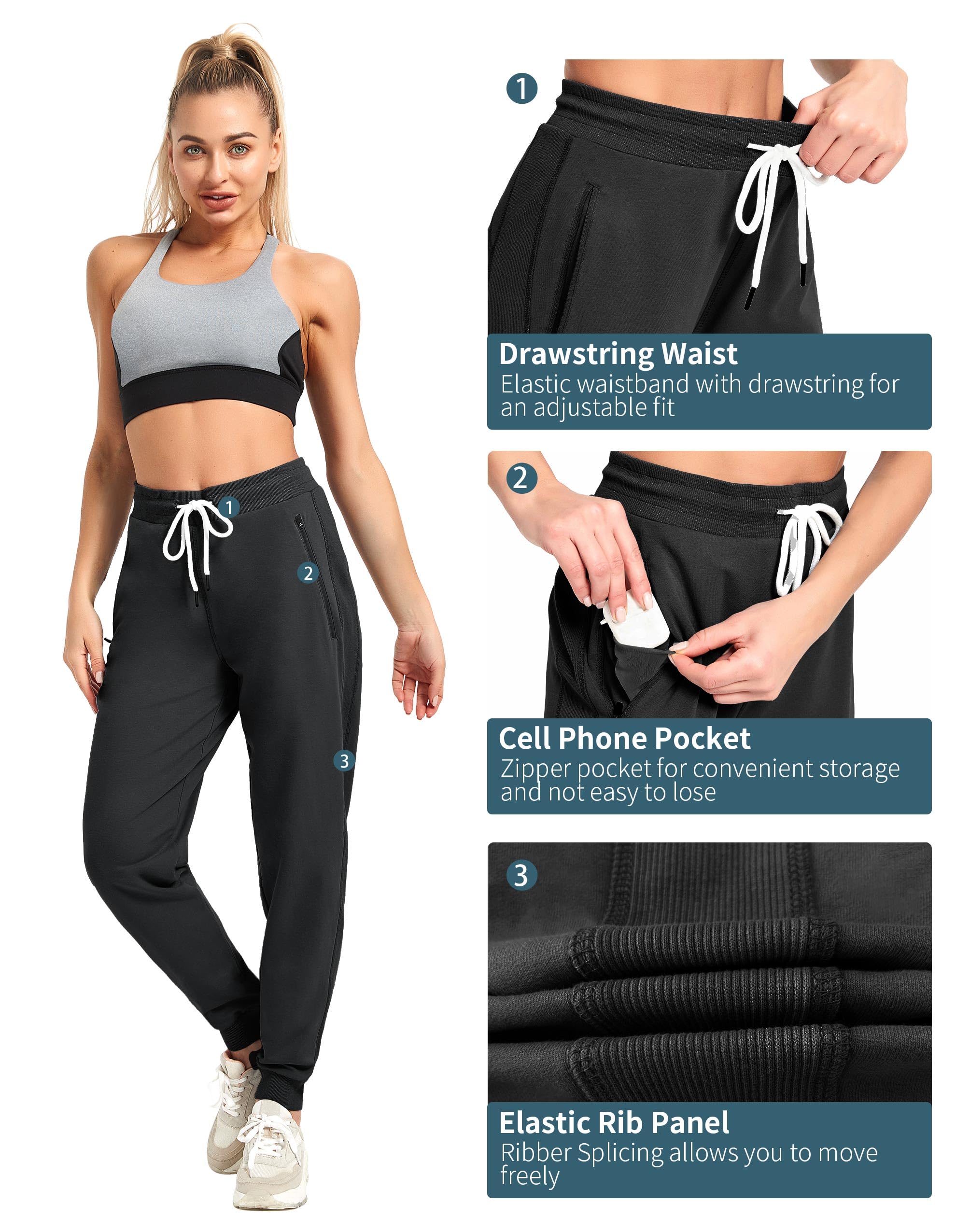 PULI Women's Workout Sweatpants Cotton Jogger Ribber Splicing Lounge Sweat Pants with Zipper Pocket