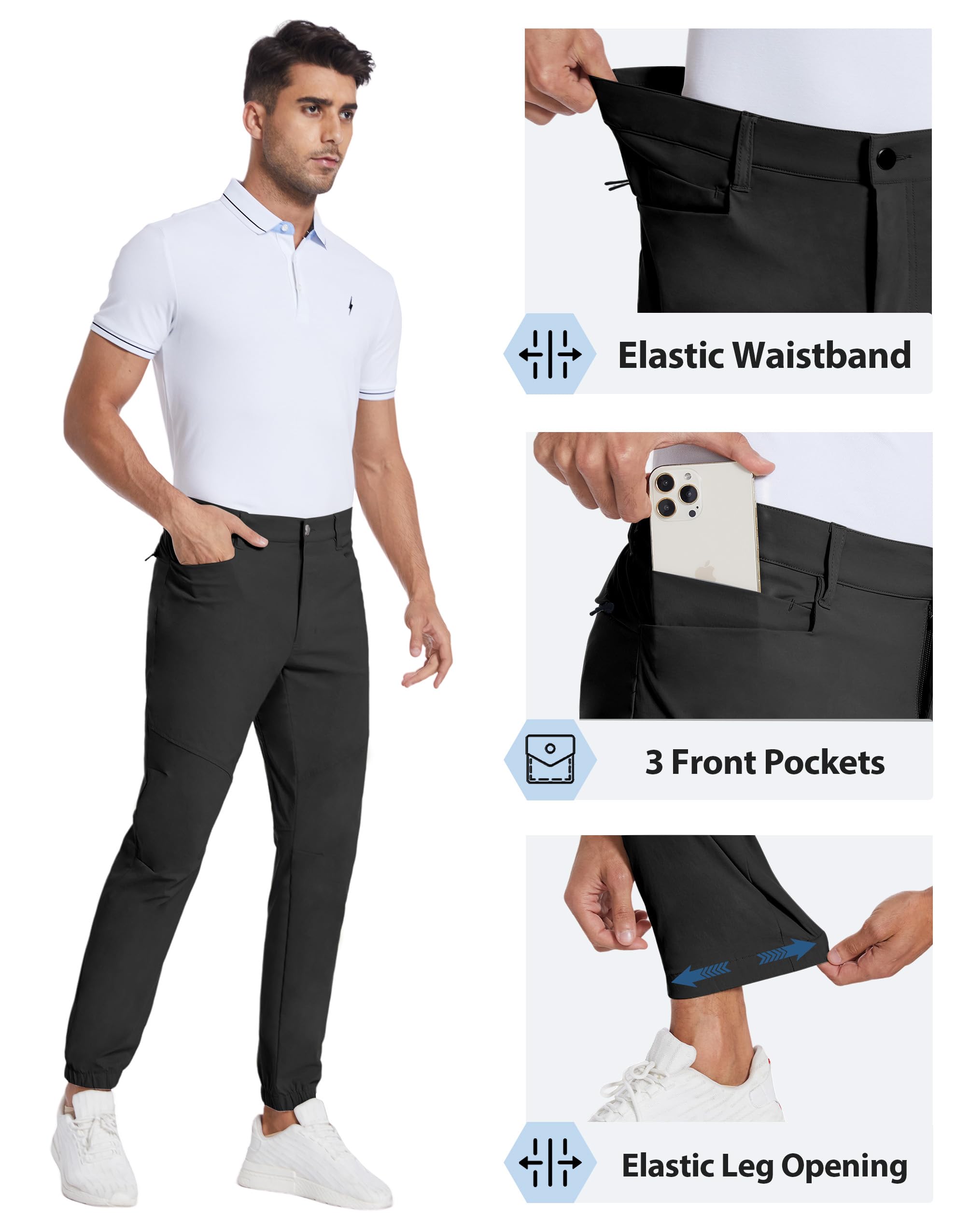 PULI Men’s Stretch Golf Joggers Pants Waterproof Slim Fit Hiking Casual Travel Work Pants with Pockets