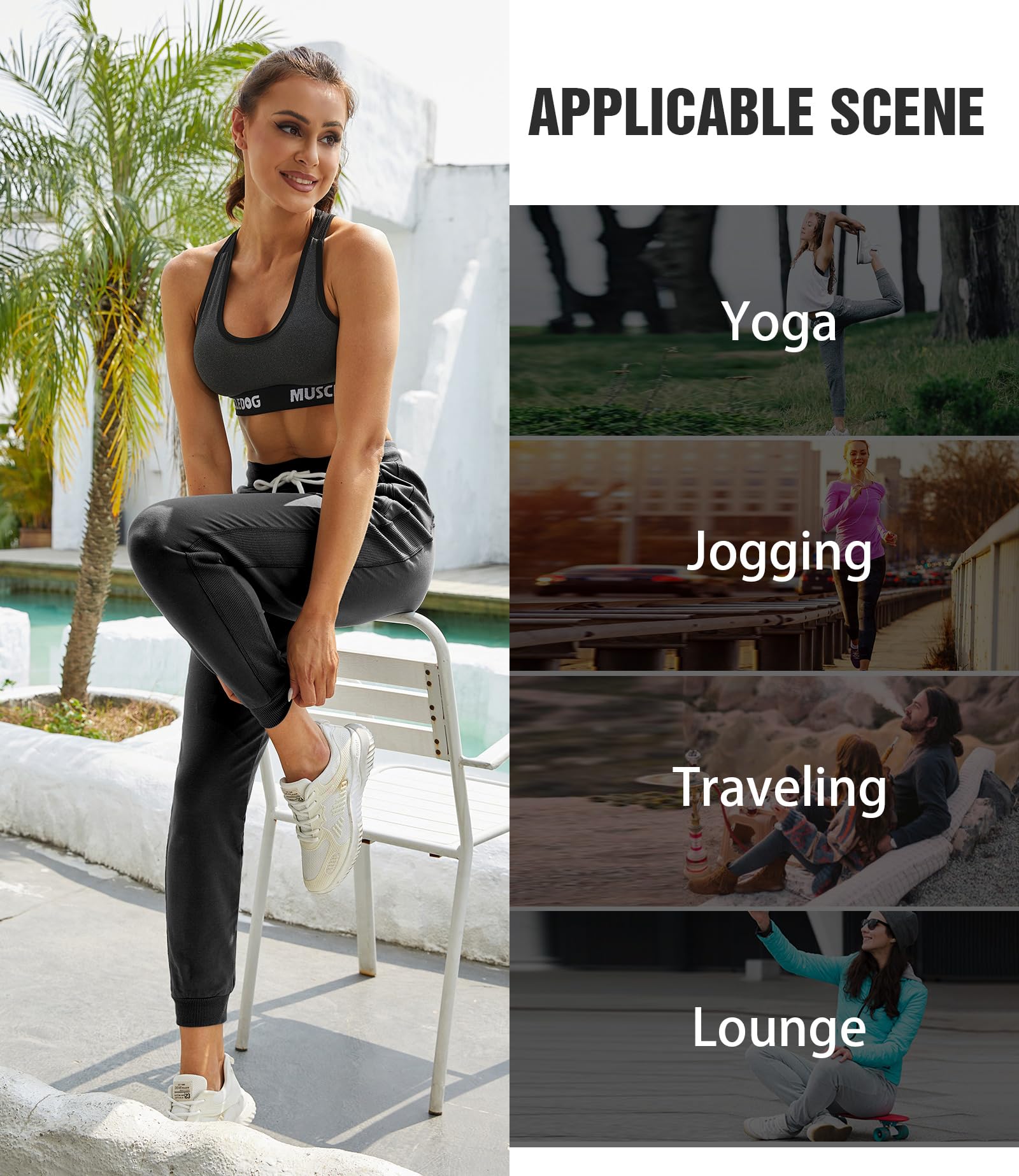 PULI Women's Workout Sweatpants Cotton Jogger Ribber Splicing Lounge Sweat Pants with Zipper Pocket