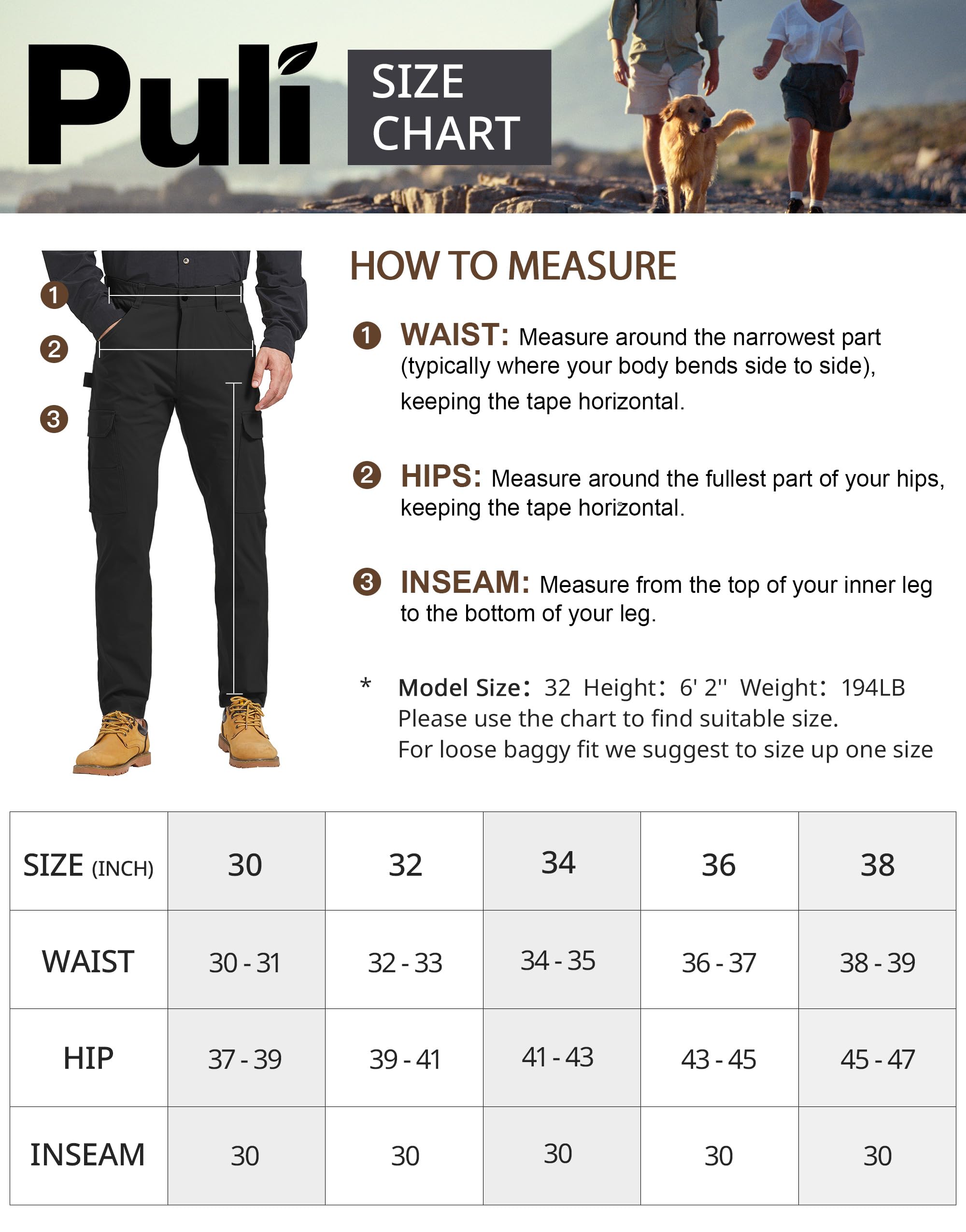 PULI Men's Carpenter Work Pants Cargo Hiking Pants Slim Fit Stretch Waterproof Outdoor Trousers with Pockets