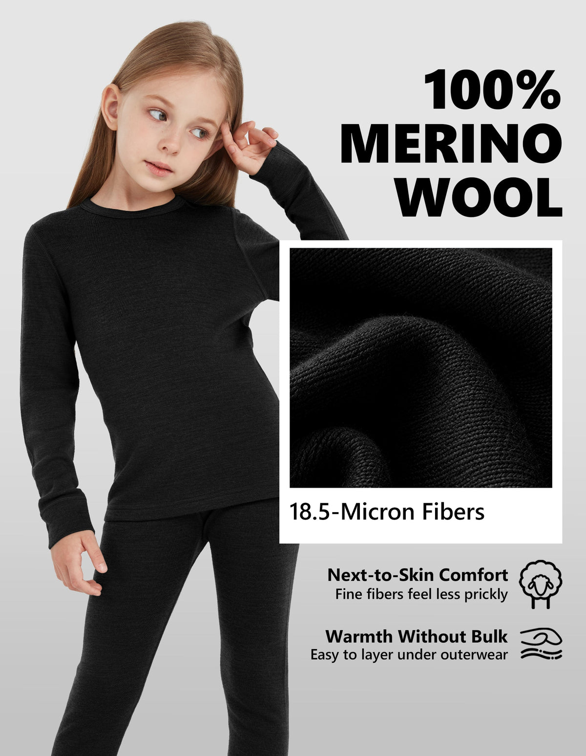 Woolcano Kid's 260g Merino Wool Unisex Base Layer Set Lightweight Thermal Underwear