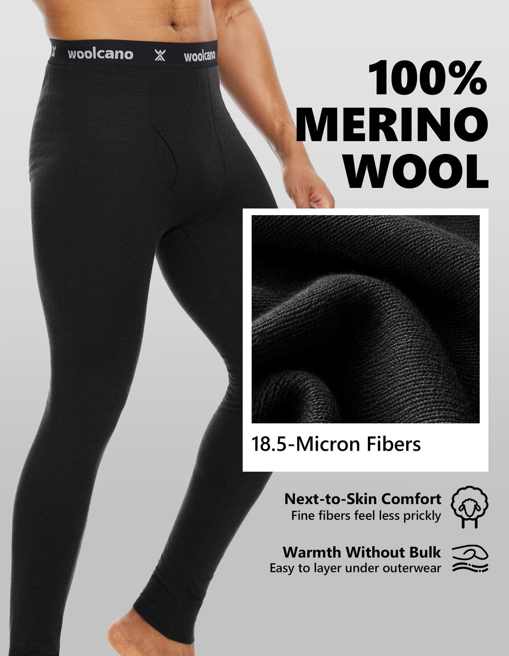 Woolcano Men’s 260g Merino Wool Base Layer Pants Lightweight Thermal Underwear Bottom