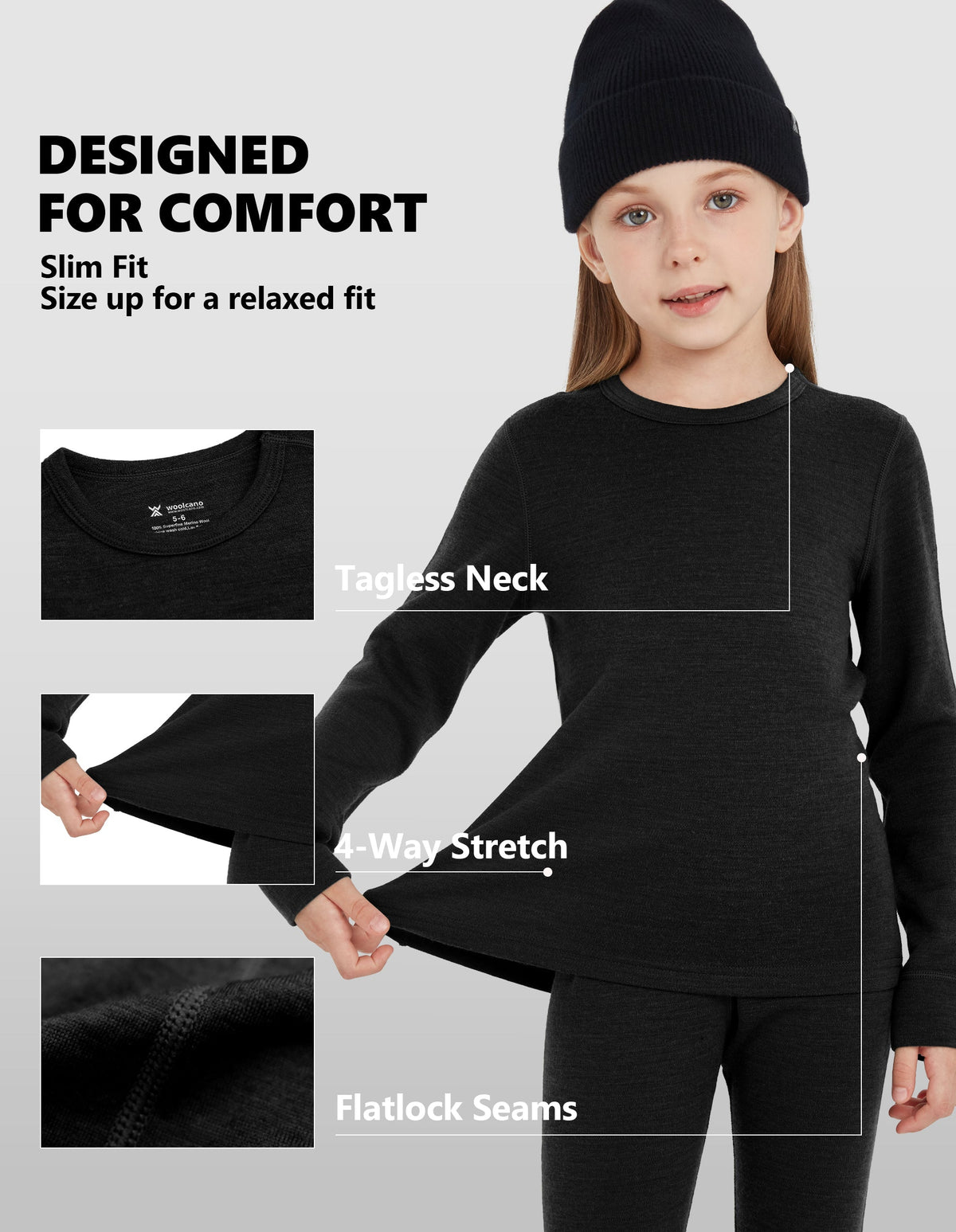 Woolcano Kid's 260g Merino Wool Unisex Base Layer Set Lightweight Thermal Underwear