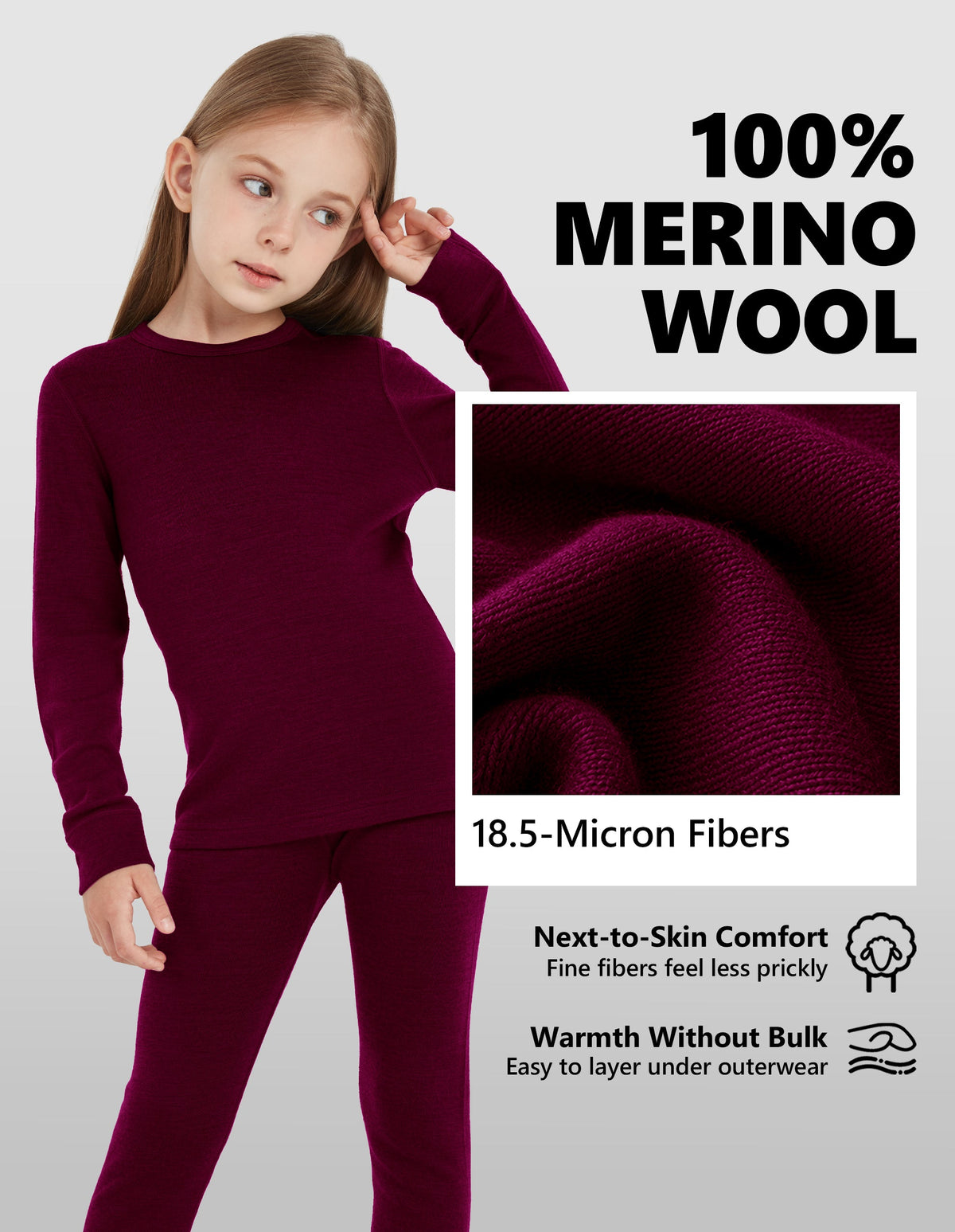 Woolcano Kid's 260g Merino Wool Unisex Base Layer Set Lightweight Thermal Underwear
