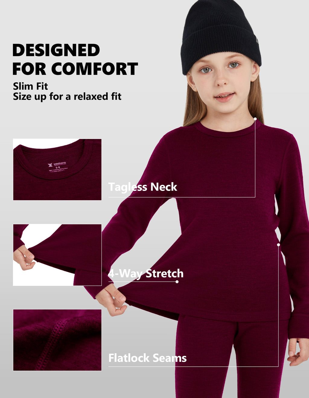 Woolcano Kid's 260g Merino Wool Unisex Base Layer Set Lightweight Thermal Underwear
