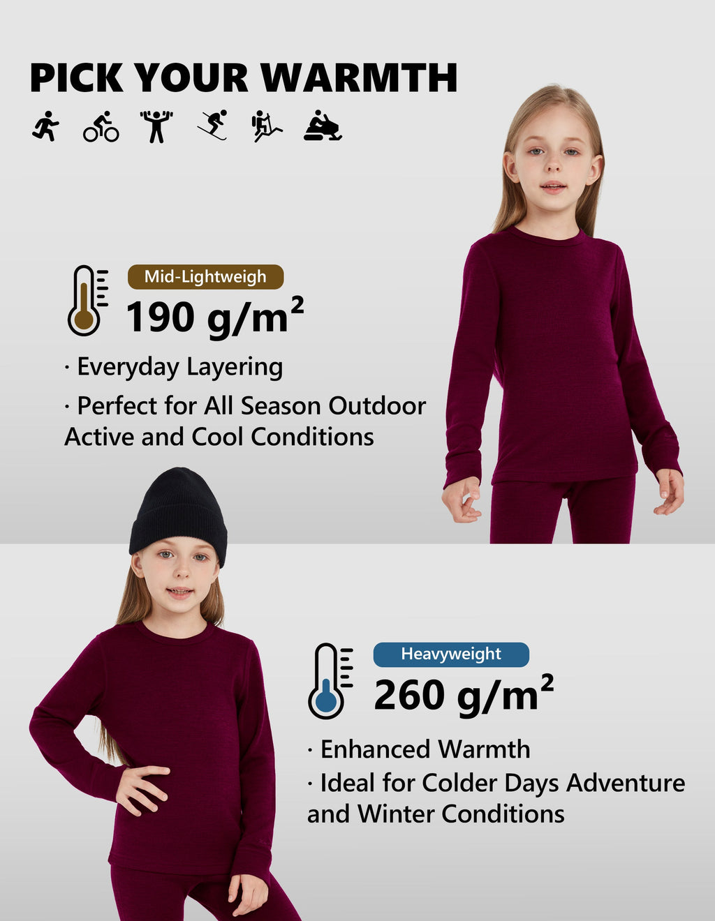 Woolcano Kid's 260g Merino Wool Unisex Base Layer Set Lightweight Thermal Underwear