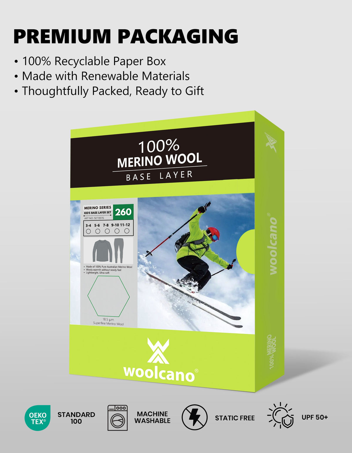 Woolcano Kid's 260g Merino Wool Unisex Base Layer Set Lightweight Thermal Underwear