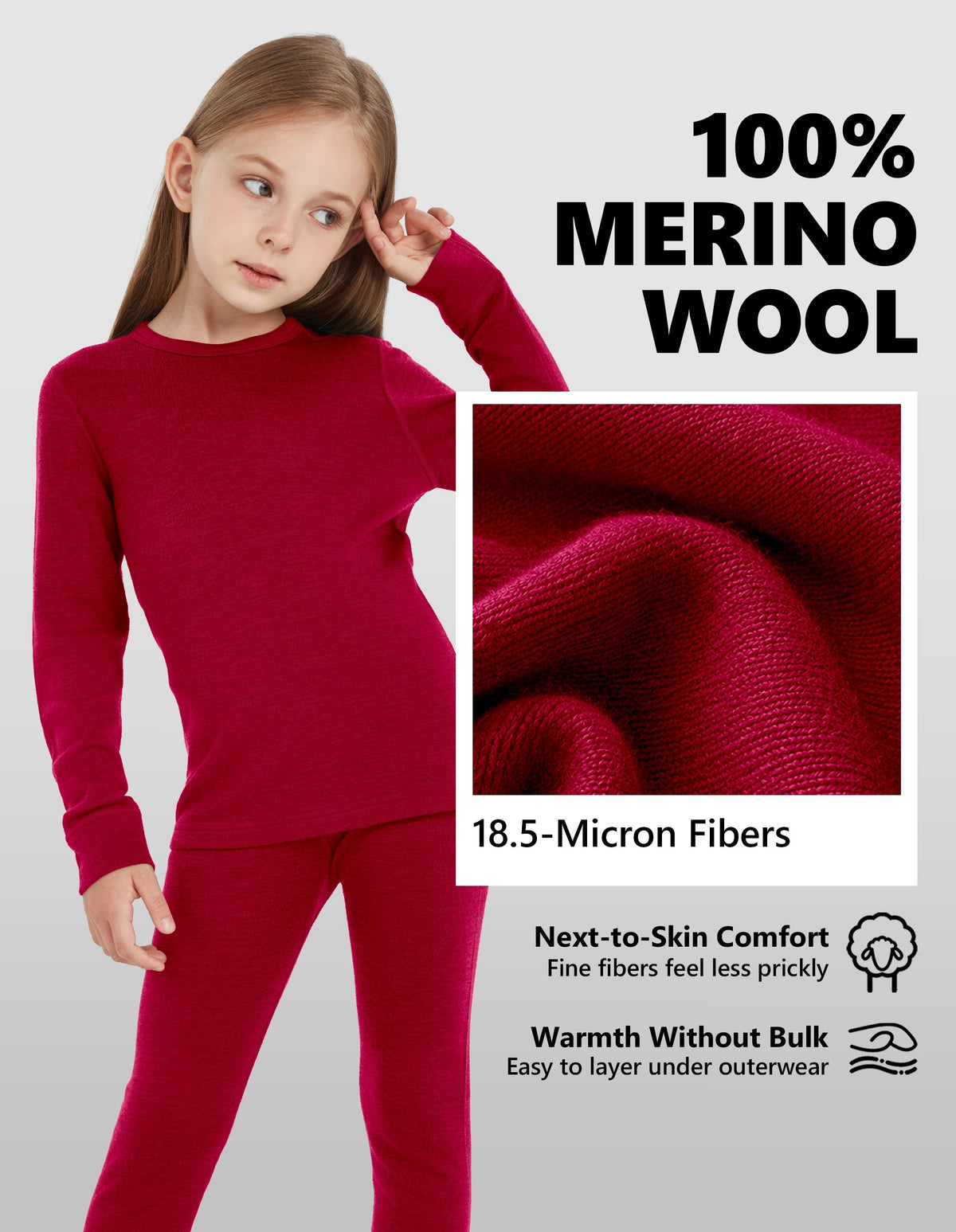 Woolcano Kid's 260g Merino Wool Unisex Base Layer Set Lightweight Thermal Underwear