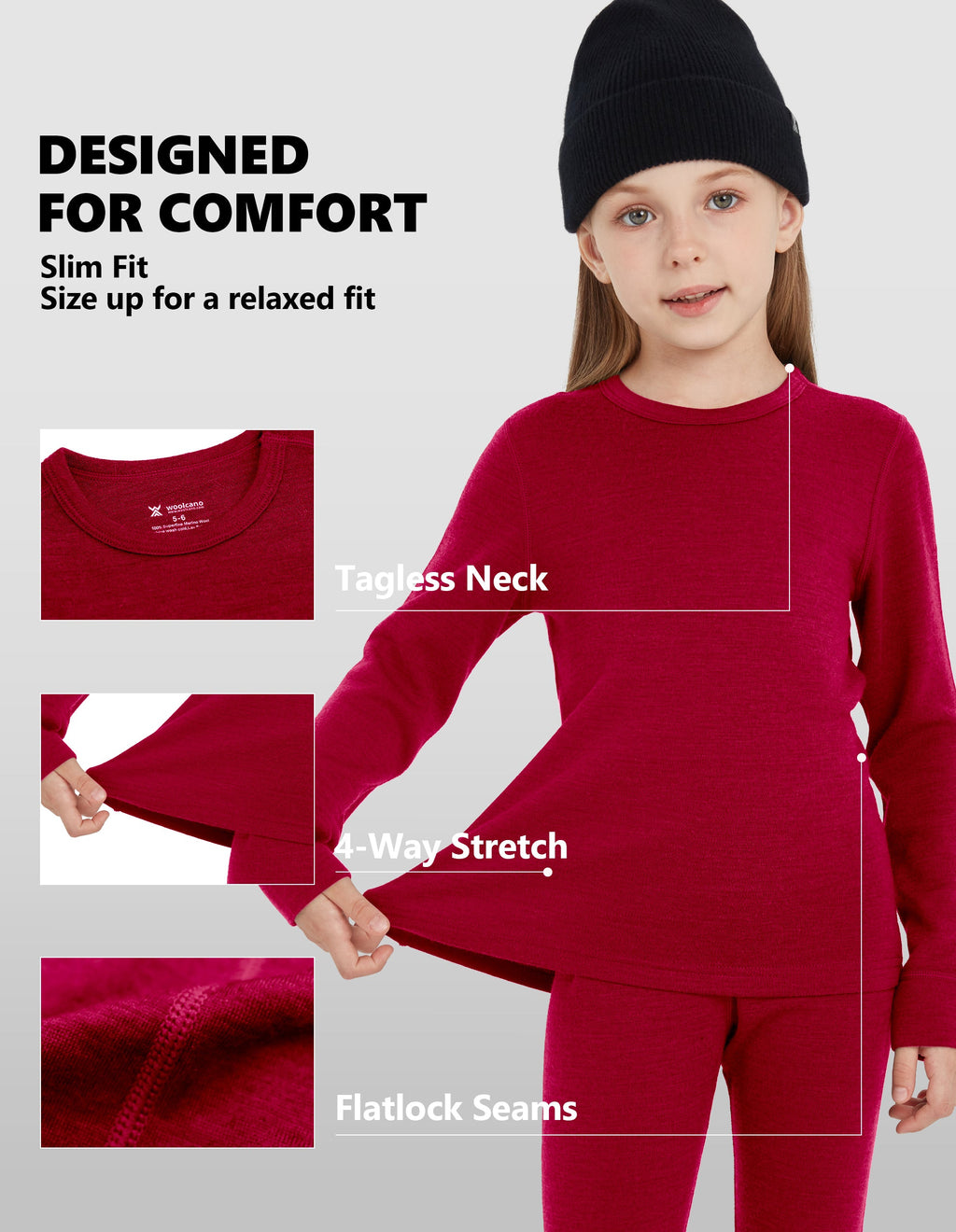 Woolcano Kid's 260g Merino Wool Unisex Base Layer Set Lightweight Thermal Underwear