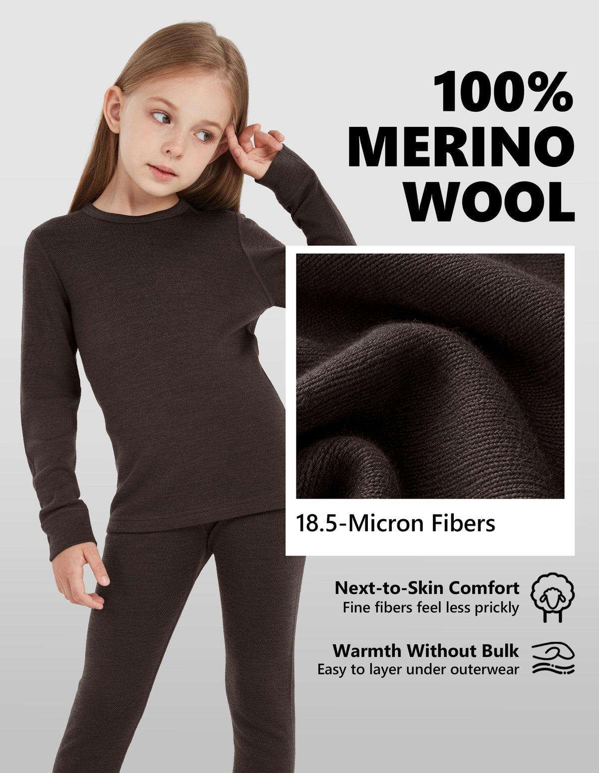 Woolcano Kid's 260g Merino Wool Unisex Base Layer Set Lightweight Thermal Underwear