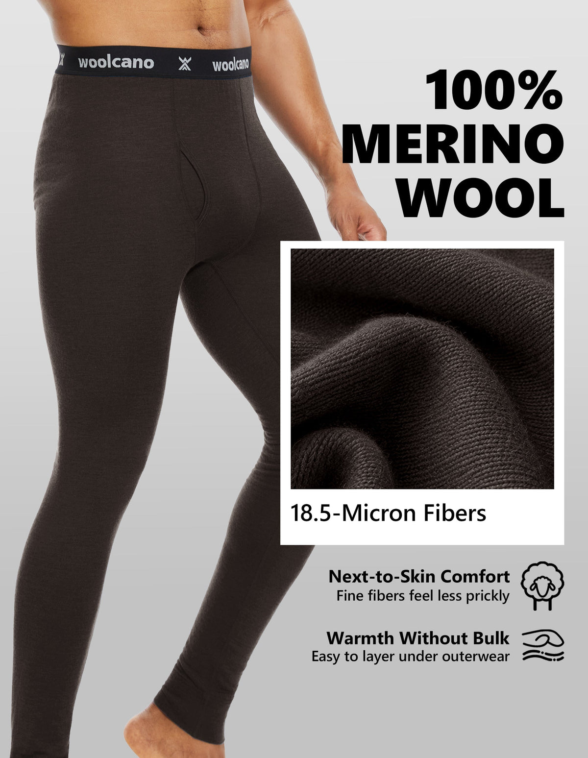 Woolcano Men’s 190g Merino Wool Base Layer Pants Lightweight Thermal Underwear Bottom