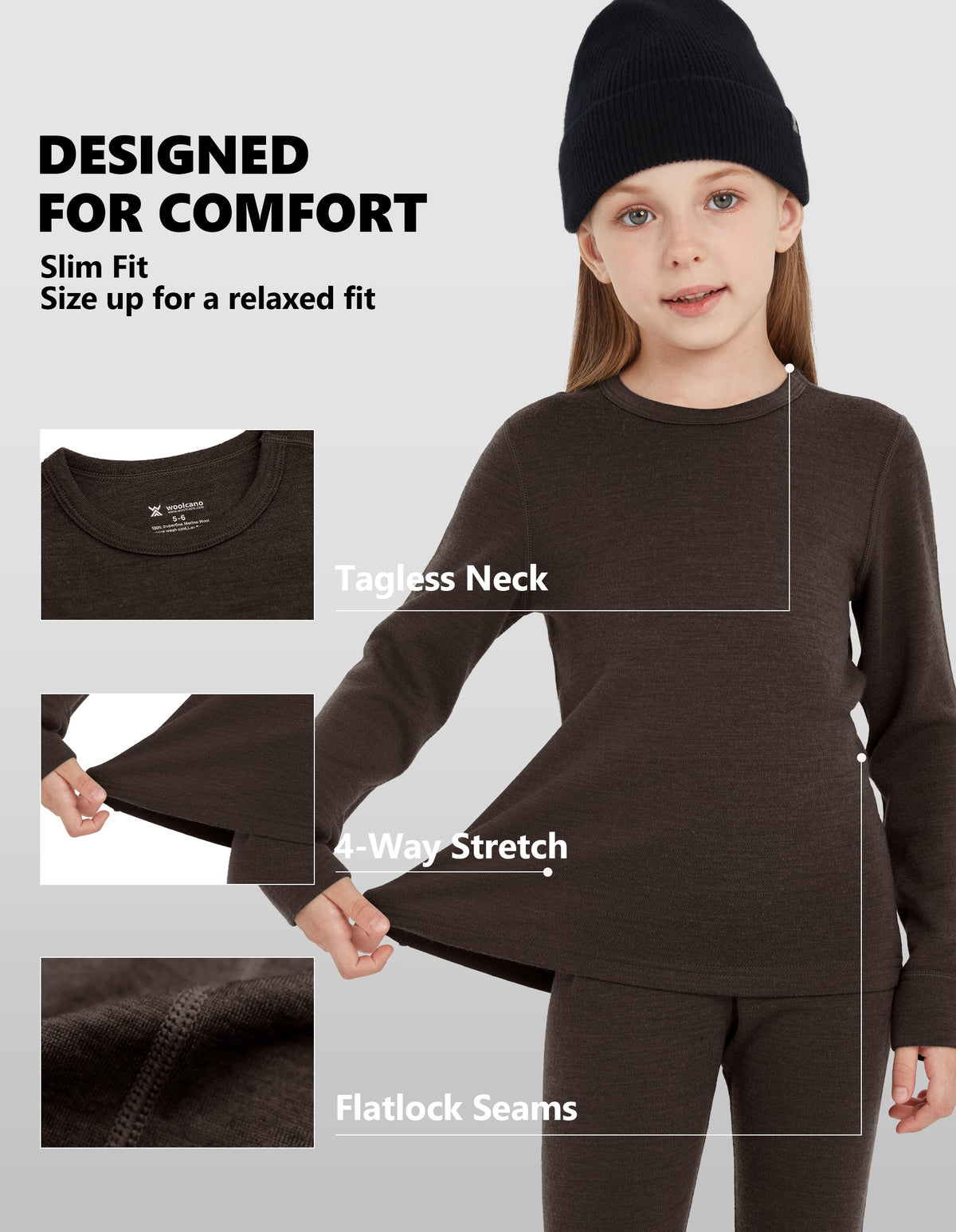 Woolcano Kid's 260g Merino Wool Unisex Base Layer Set Lightweight Thermal Underwear