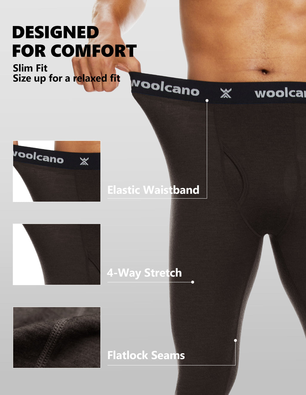 Woolcano Men’s 260g Merino Wool Base Layer Pants Lightweight Thermal Underwear Bottom