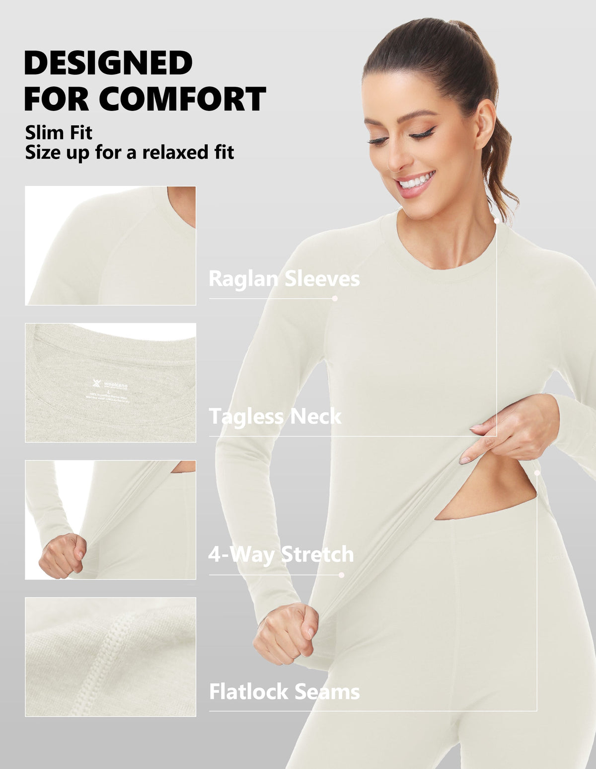 Woolcano Women's 260g Merino Wool Base Layer Set Lightweight Thermal Underwear
