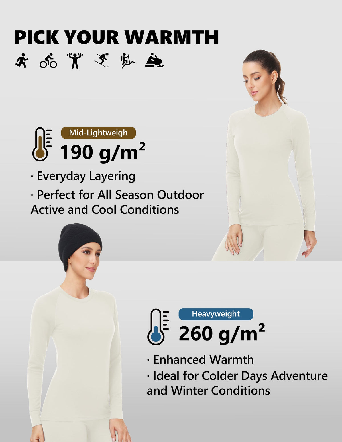 Woolcano Women's 260g Merino Wool Base Layer Set Lightweight Thermal Underwear