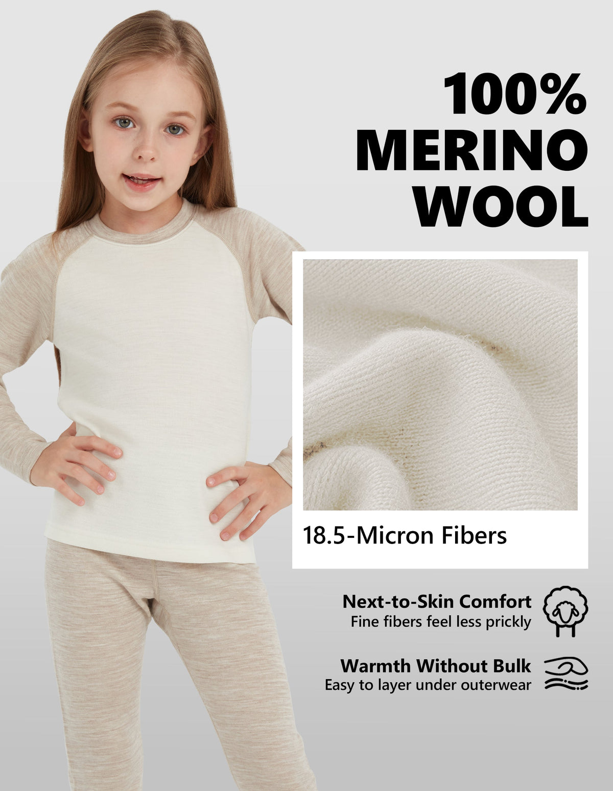 Woolcano Kid's 260g Merino Wool Unisex Base Layer Set Lightweight Thermal Underwear