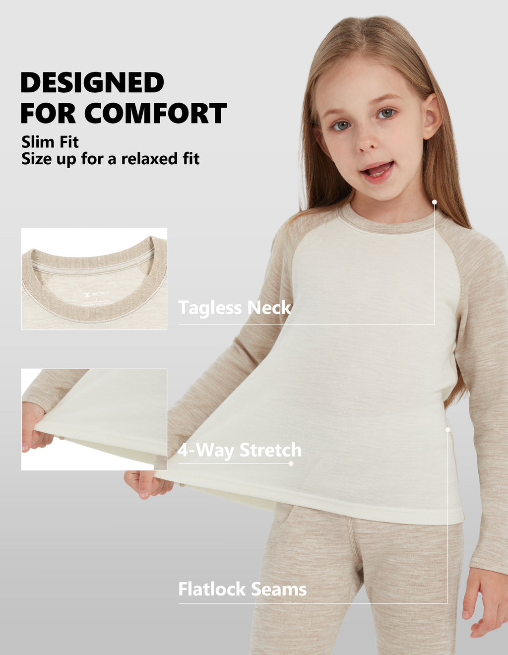 Woolcano Kid's 260g Merino Wool Unisex Base Layer Set Lightweight Thermal Underwear