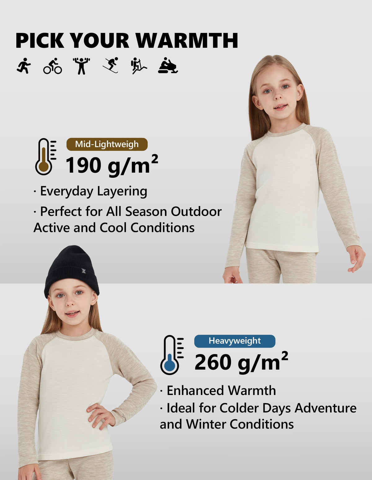 Woolcano Kid's 260g Merino Wool Unisex Base Layer Set Lightweight Thermal Underwear