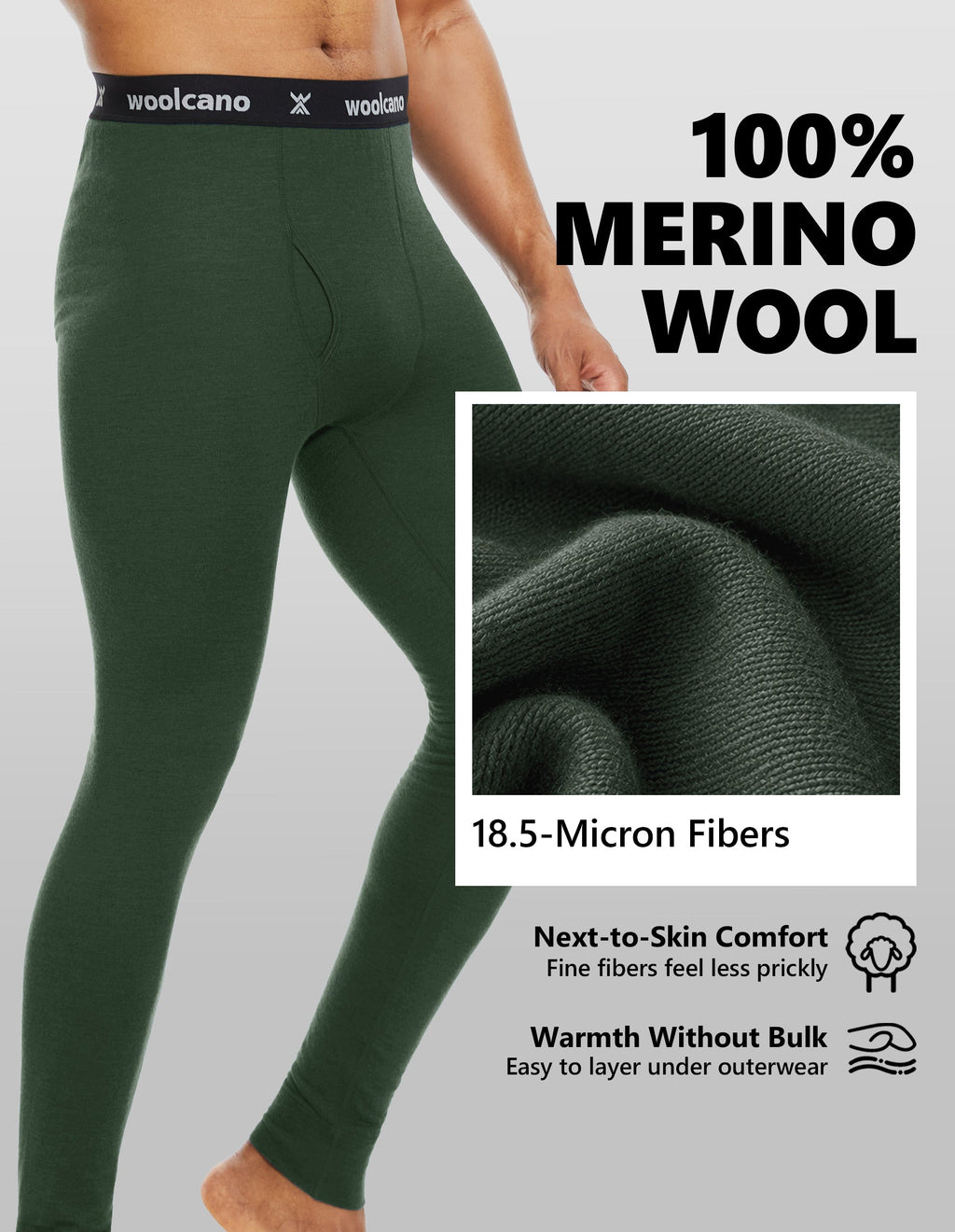 Woolcano Men’s 190g Merino Wool Base Layer Pants Lightweight Thermal Underwear Bottom