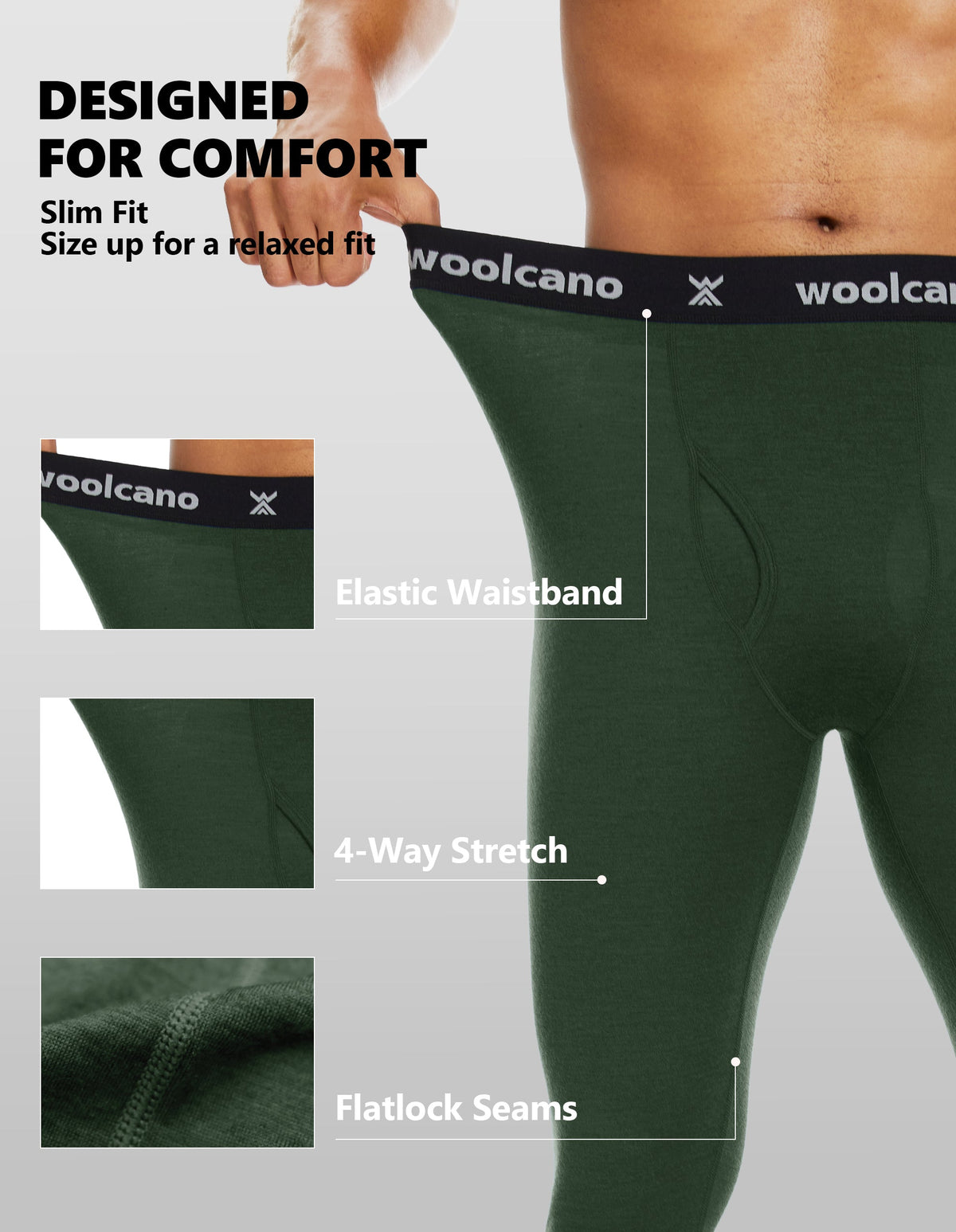 Woolcano Men’s 190g Merino Wool Base Layer Pants Lightweight Thermal Underwear Bottom