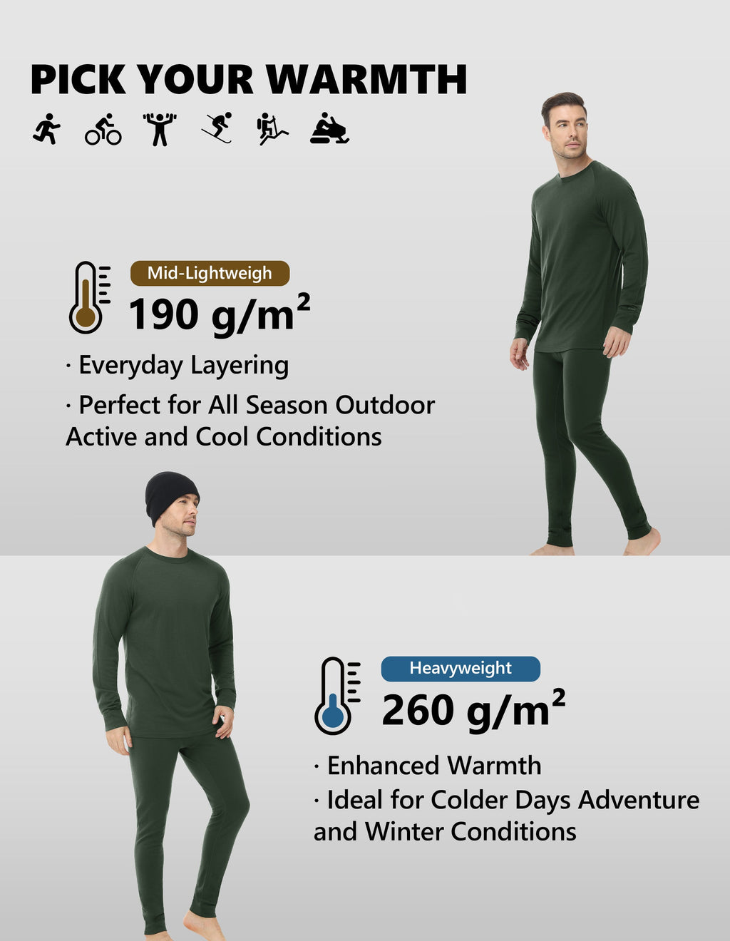 Woolcano Men’s 190g Merino Wool Base Layer Pants Lightweight Thermal Underwear Bottom