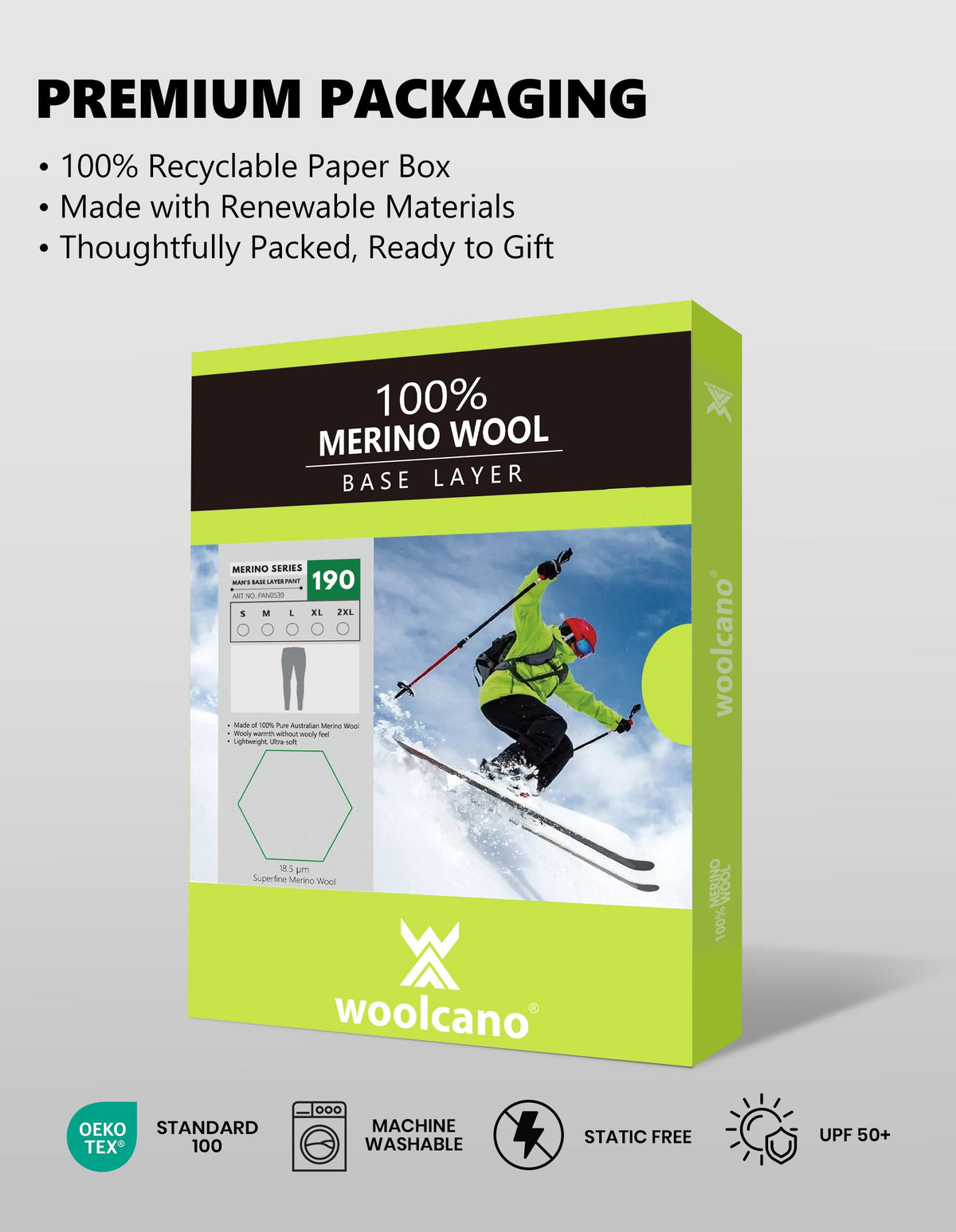 Woolcano Men’s 190g Merino Wool Base Layer Pants Lightweight Thermal Underwear Bottom