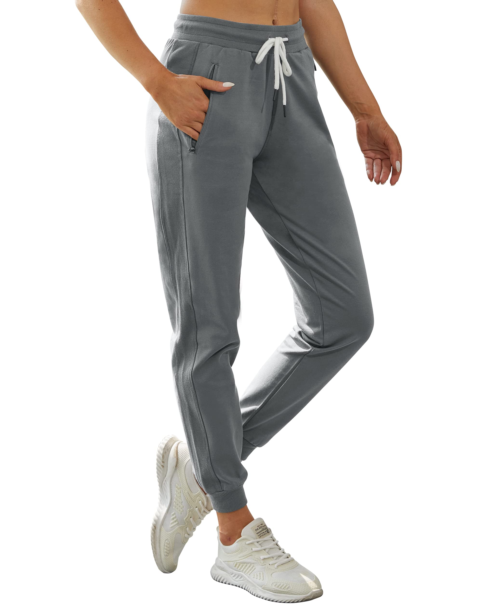 PULI Women's Workout Sweatpants Cotton Jogger Ribber Splicing Lounge Sweat Pants with Zipper Pocket