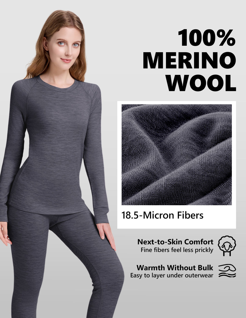 Woolcano Women's 190g Merino Wool Base Layer Set Lightweight Thermal Underwear
