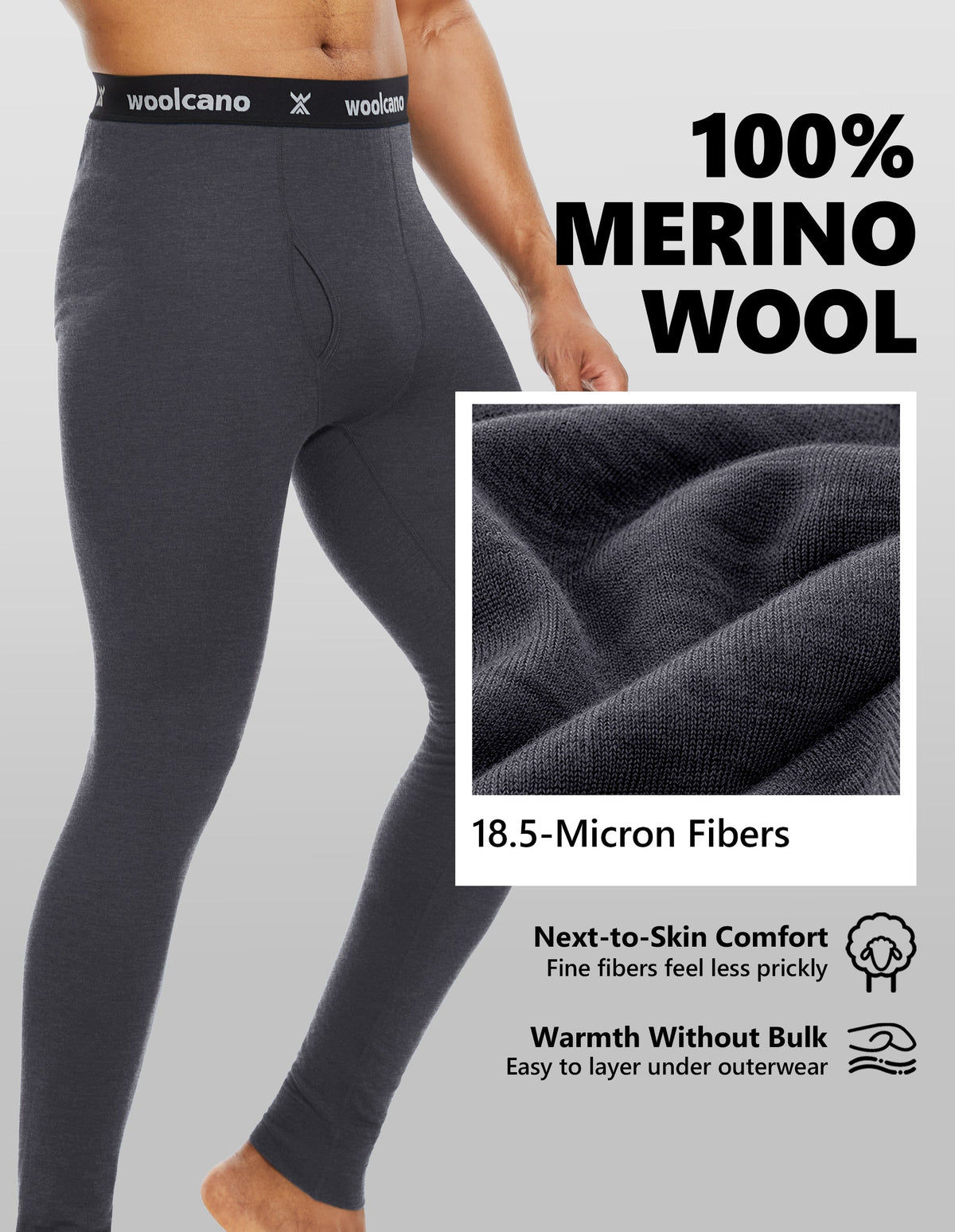 Woolcano Men’s 190g Merino Wool Base Layer Pants Lightweight Thermal Underwear Bottom