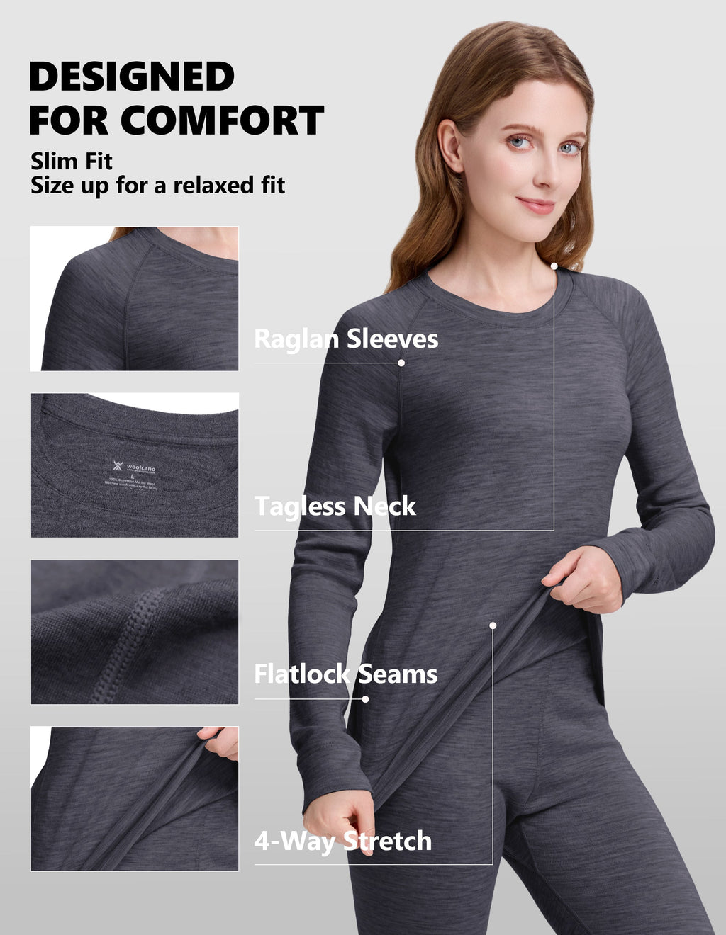 Woolcano Women's 190g Merino Wool Base Layer Set Lightweight Thermal Underwear