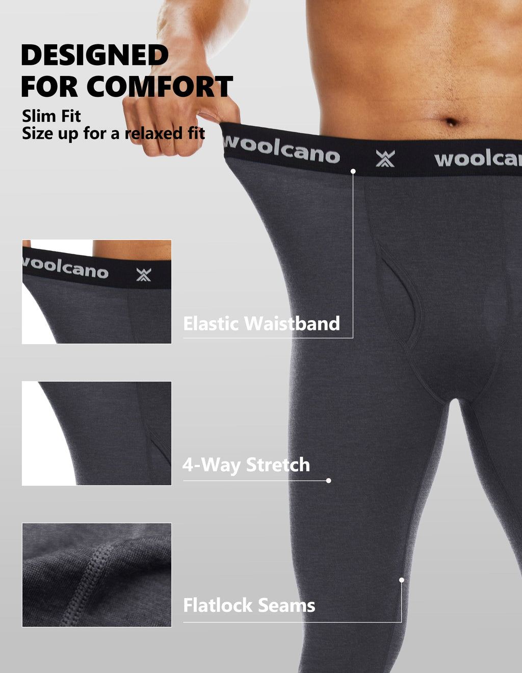 Woolcano Men’s 260g Merino Wool Base Layer Pants Lightweight Thermal Underwear Bottom