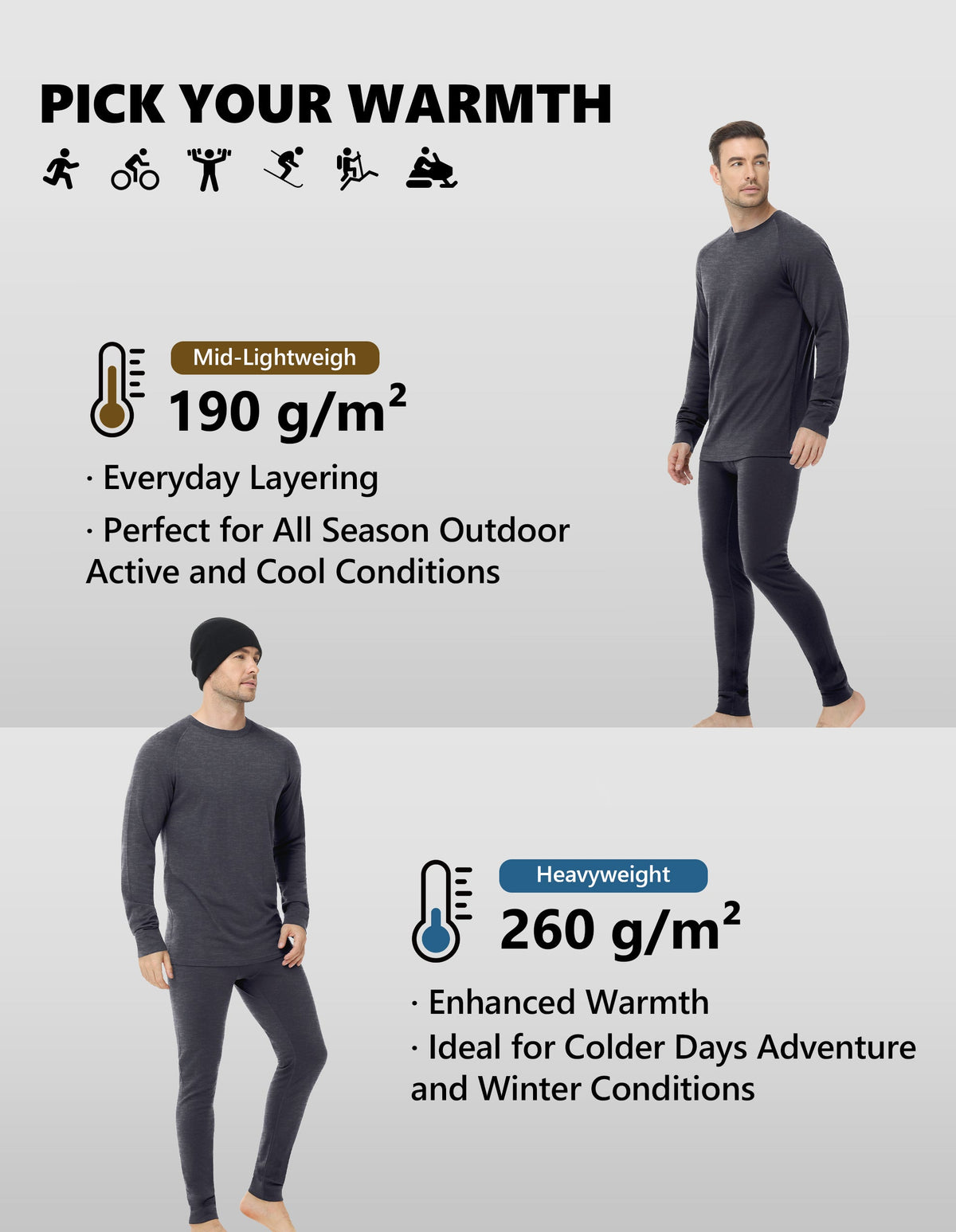 Woolcano Men’s 260g Merino Wool Base Layer Pants Lightweight Thermal Underwear Bottom