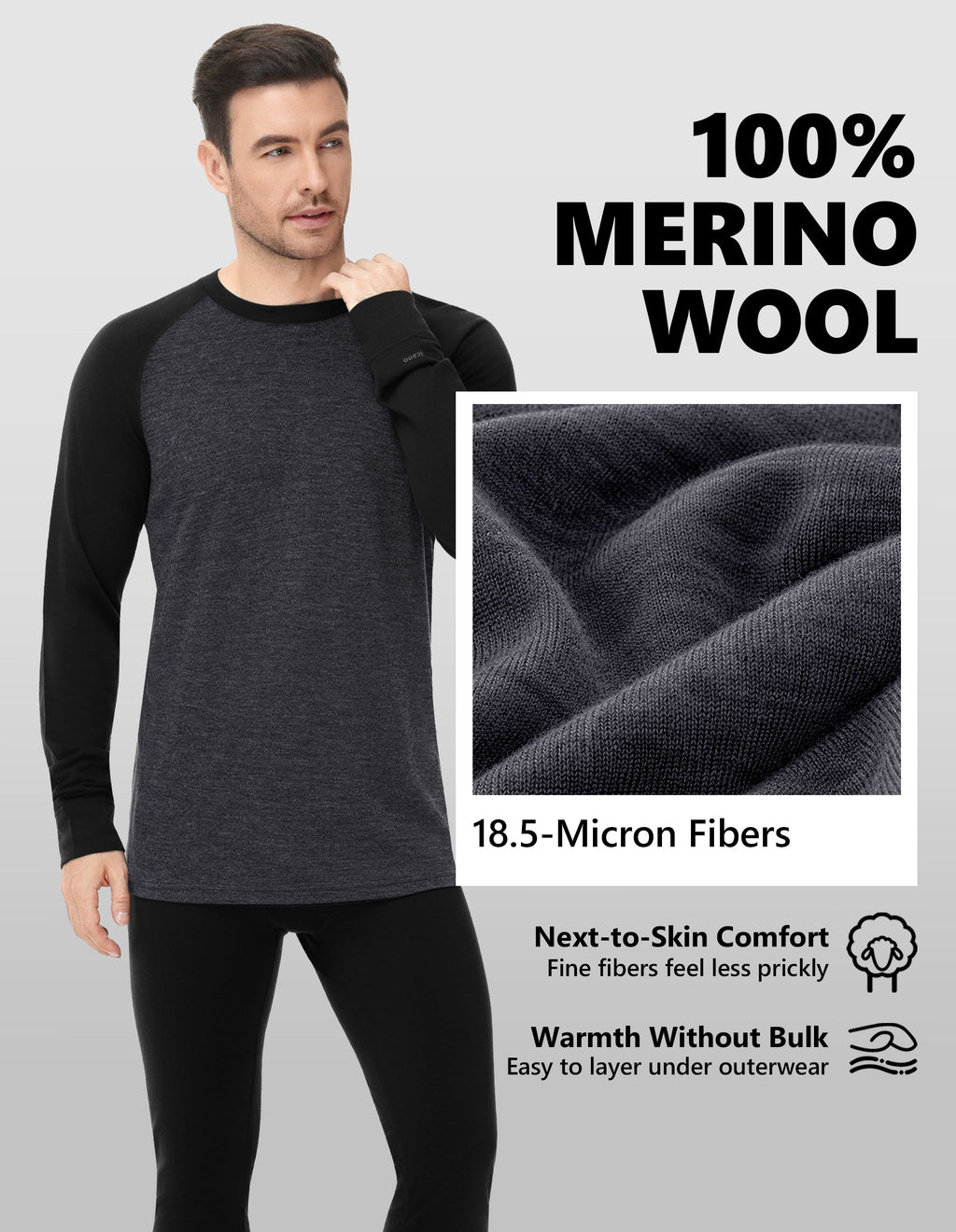Woolcano Men’s 260g Merino Wool Base Layer Set Lightweight Thermal Underwear