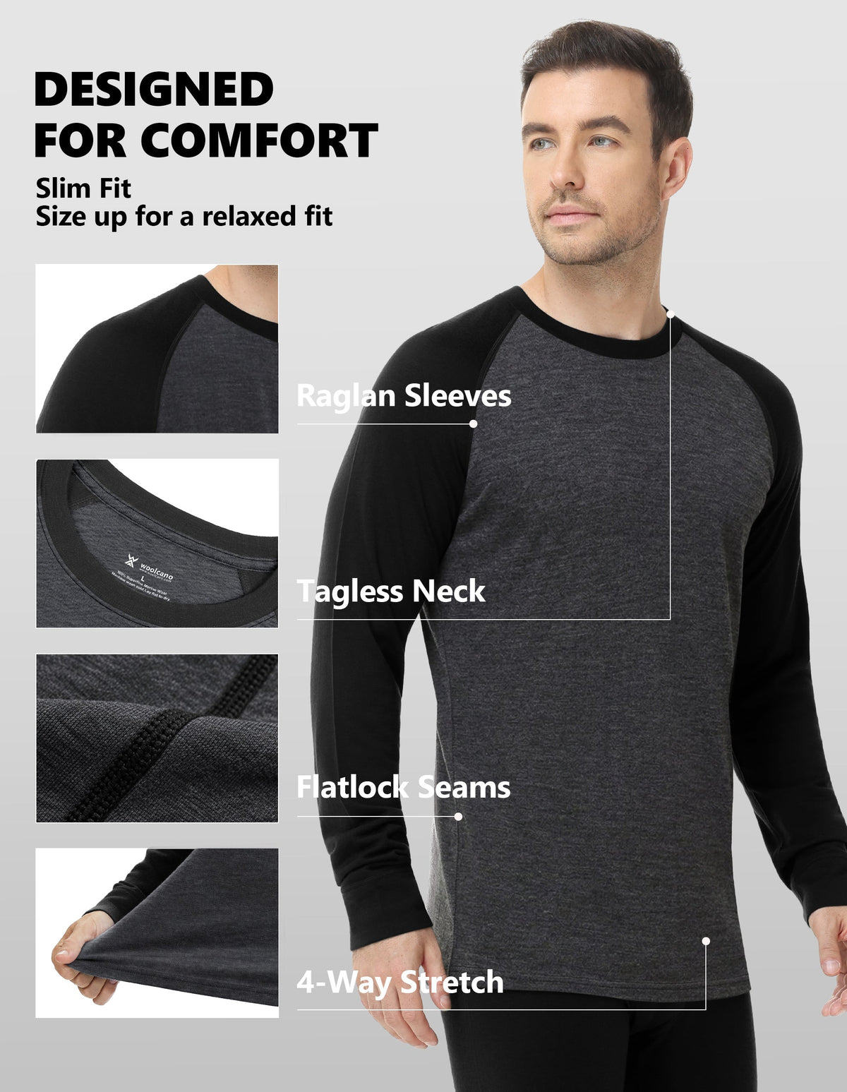 Woolcano Men’s 260g Merino Wool Base Layer Set Lightweight Thermal Underwear