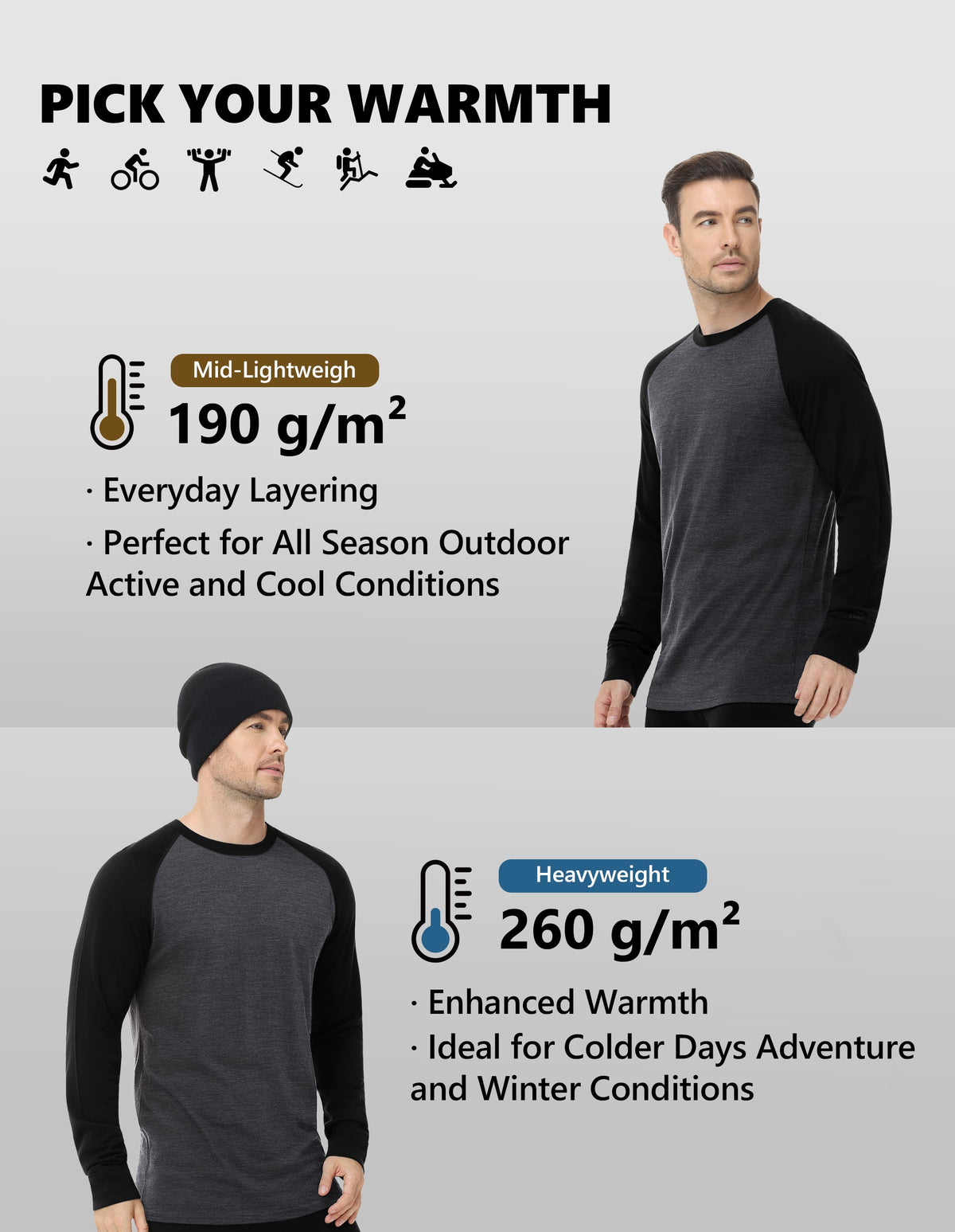 Woolcano Men’s 260g Merino Wool Base Layer Set Lightweight Thermal Underwear