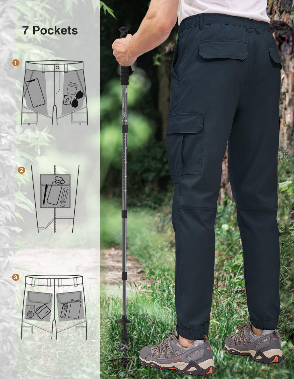 PULI Men's Waterproof Hiking Pants Slim Fit Cargo Joggers Stretch Quick Dry Outdoor Pants with Pockets