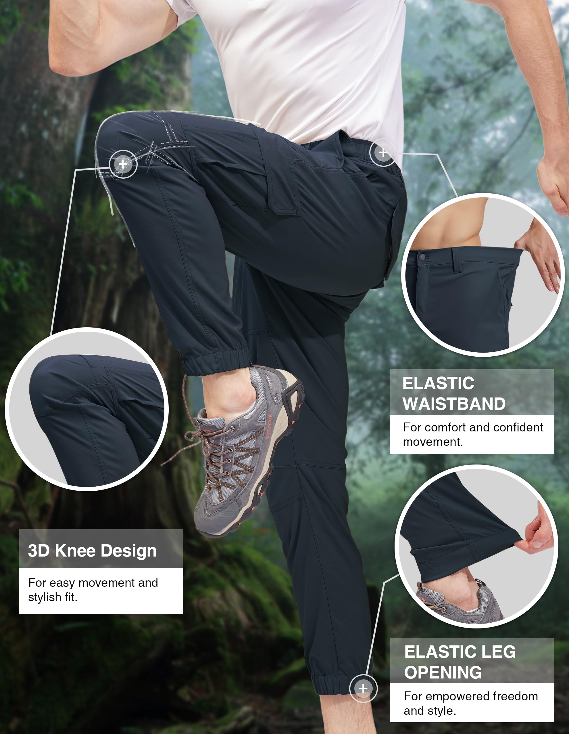 PULI Men's Waterproof Hiking Pants Slim Fit Cargo Joggers Stretch Quick Dry Outdoor Pants with Pockets