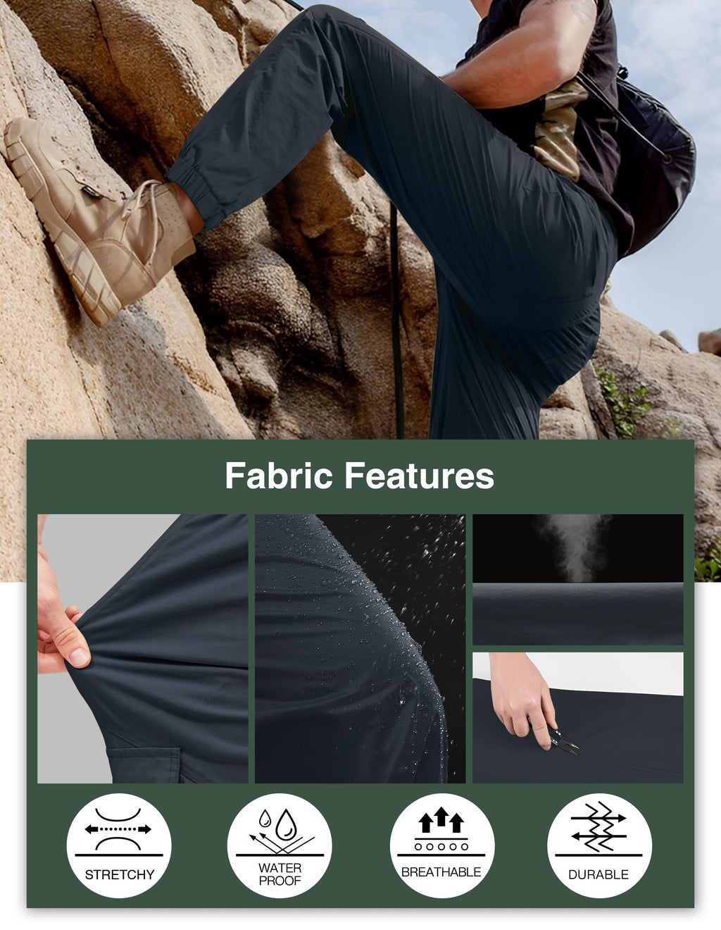 PULI Men's Waterproof Hiking Pants Slim Fit Cargo Joggers Stretch Quick Dry Outdoor Pants with Pockets