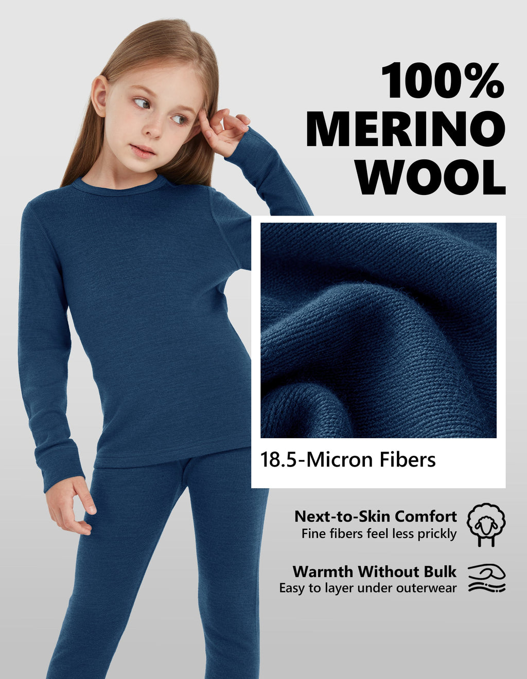 Woolcano Kid's 260g Merino Wool Unisex Base Layer Set Lightweight Thermal Underwear