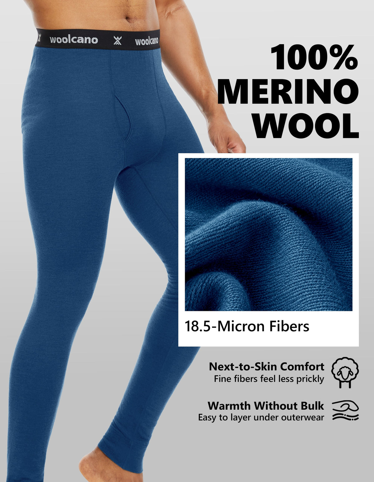 Woolcano Men’s 260g Merino Wool Base Layer Pants Lightweight Thermal Underwear Bottom