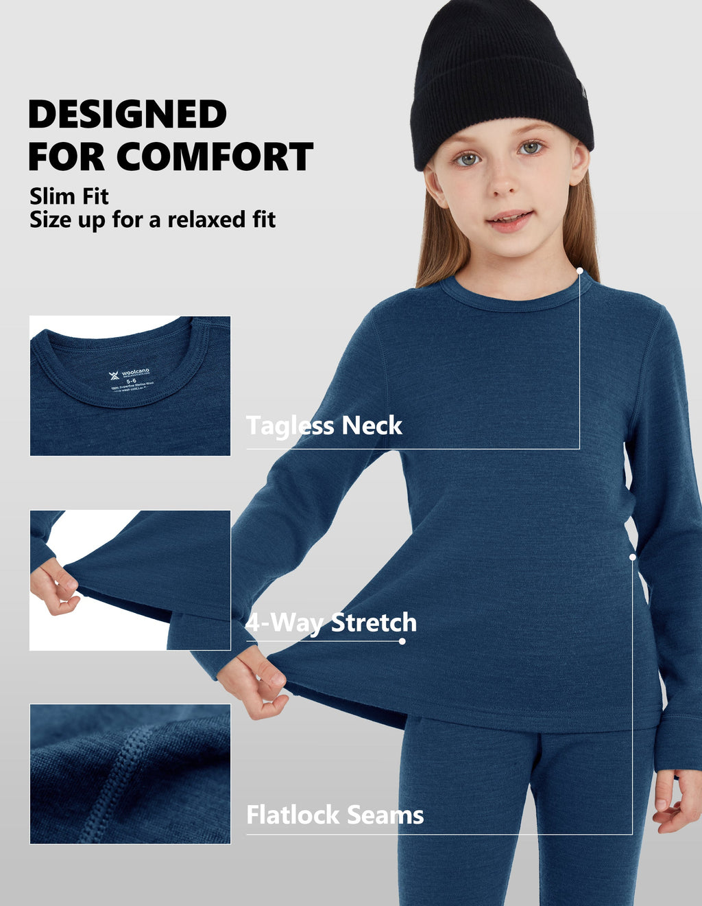 Woolcano Kid's 260g Merino Wool Unisex Base Layer Set Lightweight Thermal Underwear