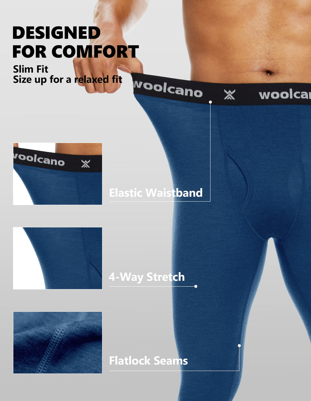 Woolcano Men’s 190g Merino Wool Base Layer Pants Lightweight Thermal Underwear Bottom