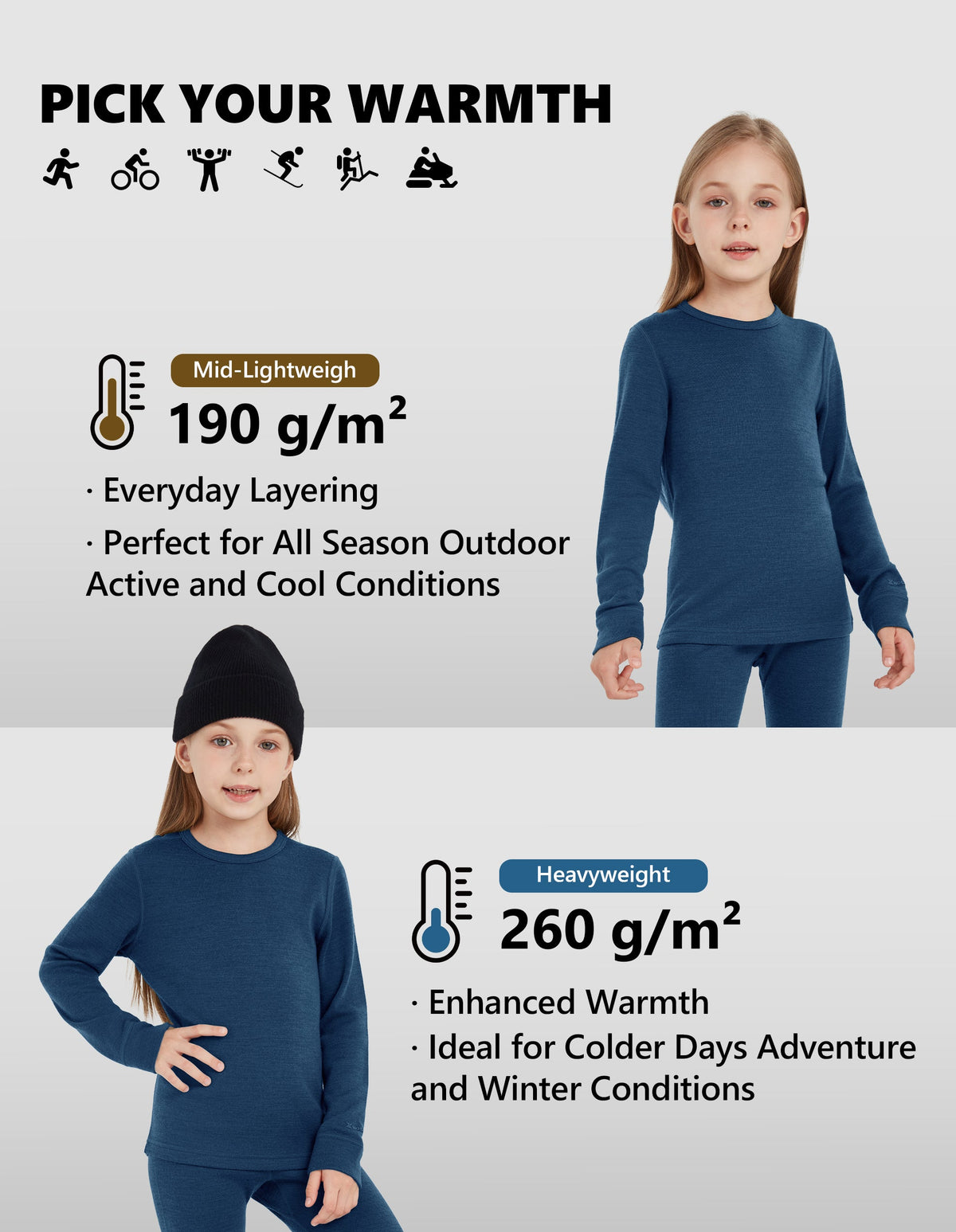Woolcano Kid's 260g Merino Wool Unisex Base Layer Set Lightweight Thermal Underwear