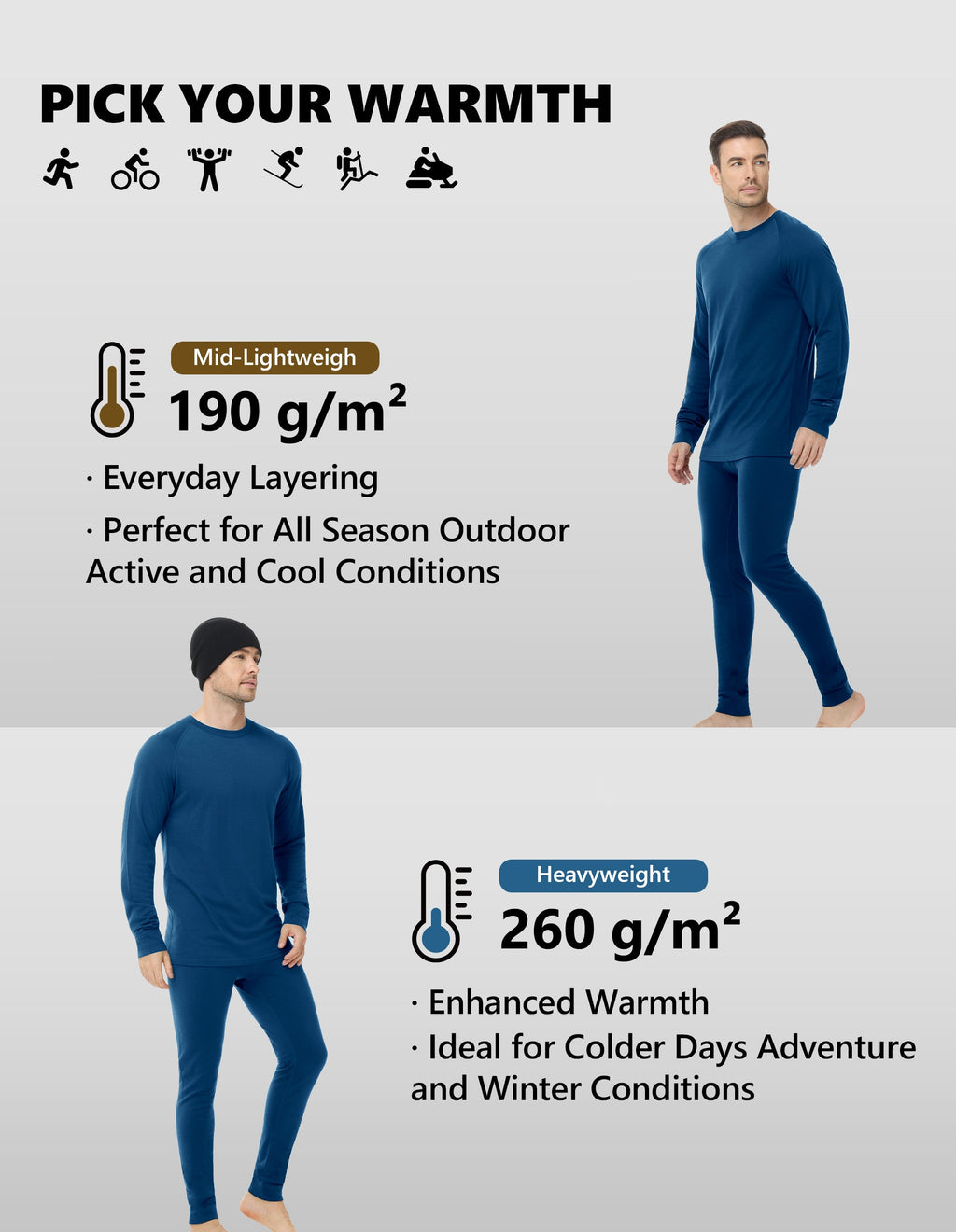 Woolcano Men’s 190g Merino Wool Base Layer Pants Lightweight Thermal Underwear Bottom