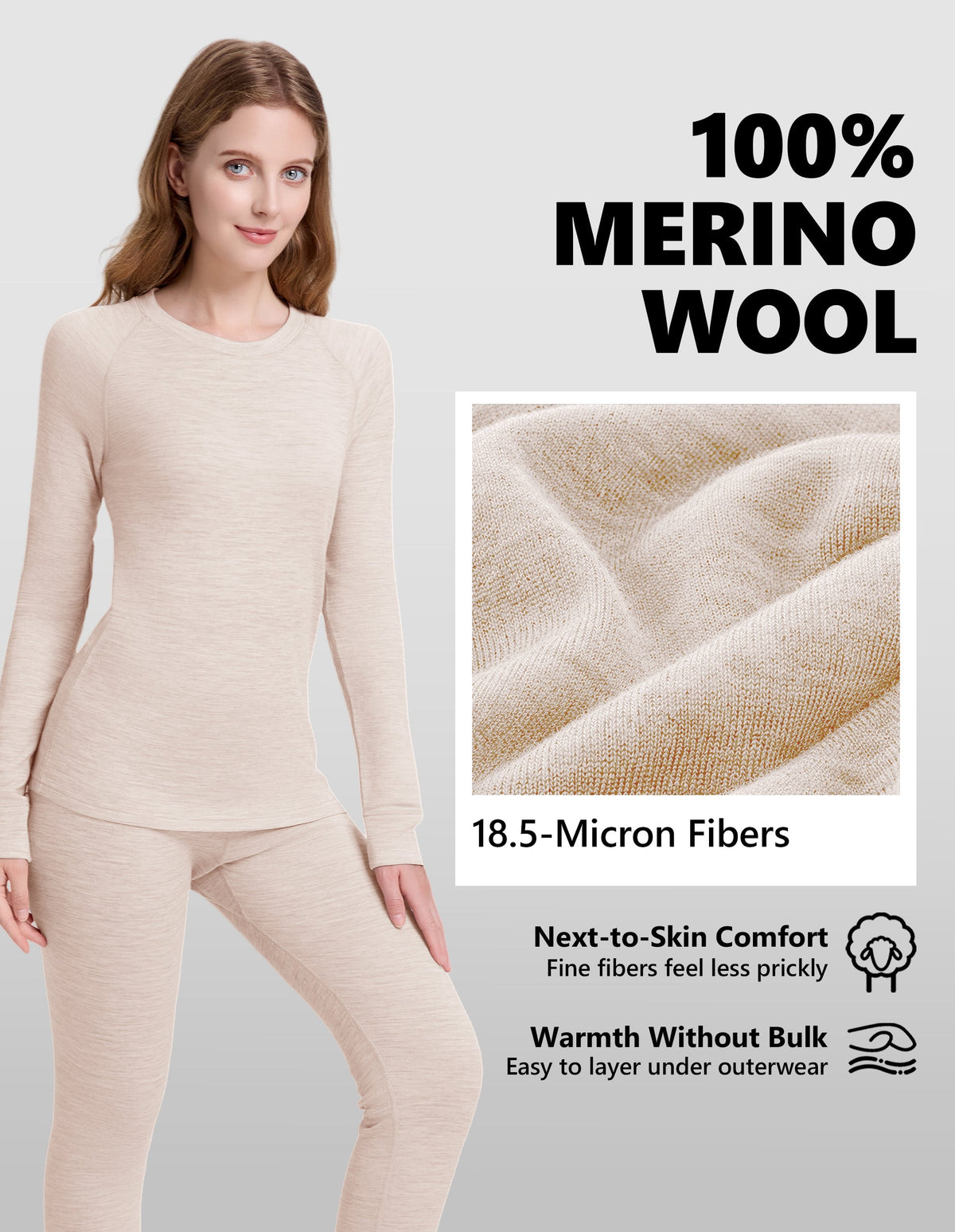 Woolcano Women's 190g Merino Wool Base Layer Set Lightweight Thermal Underwear