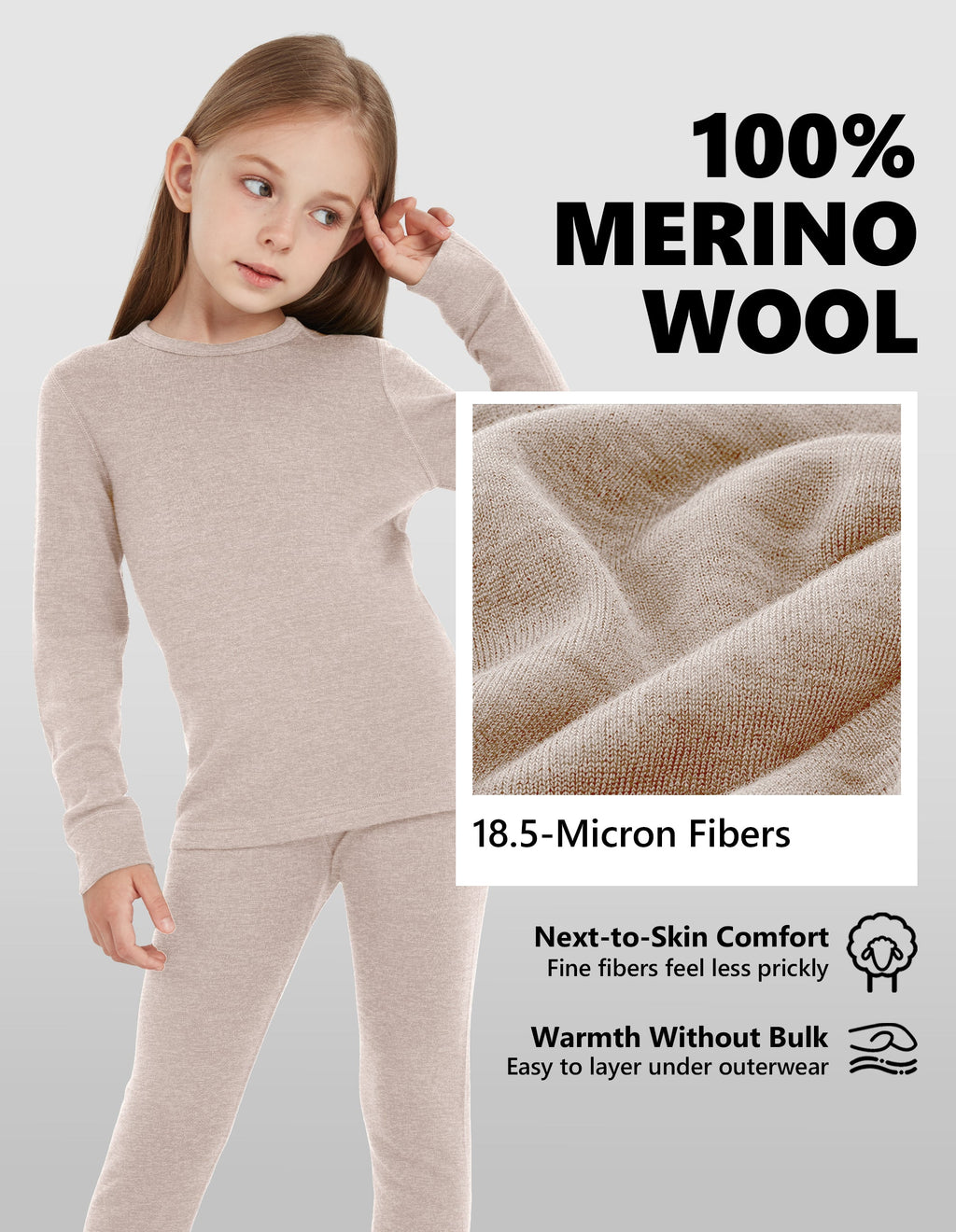 Woolcano Kid's 260g Merino Wool Unisex Base Layer Set Lightweight Thermal Underwear