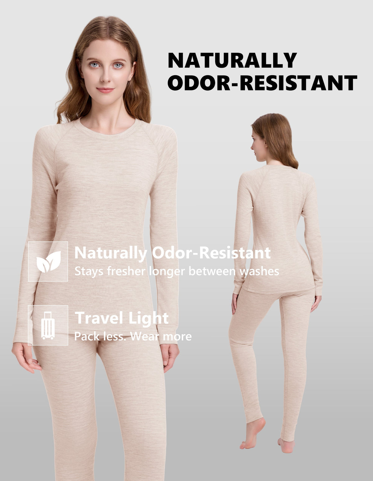 Woolcano Women's 190g Merino Wool Base Layer Set Lightweight Thermal Underwear