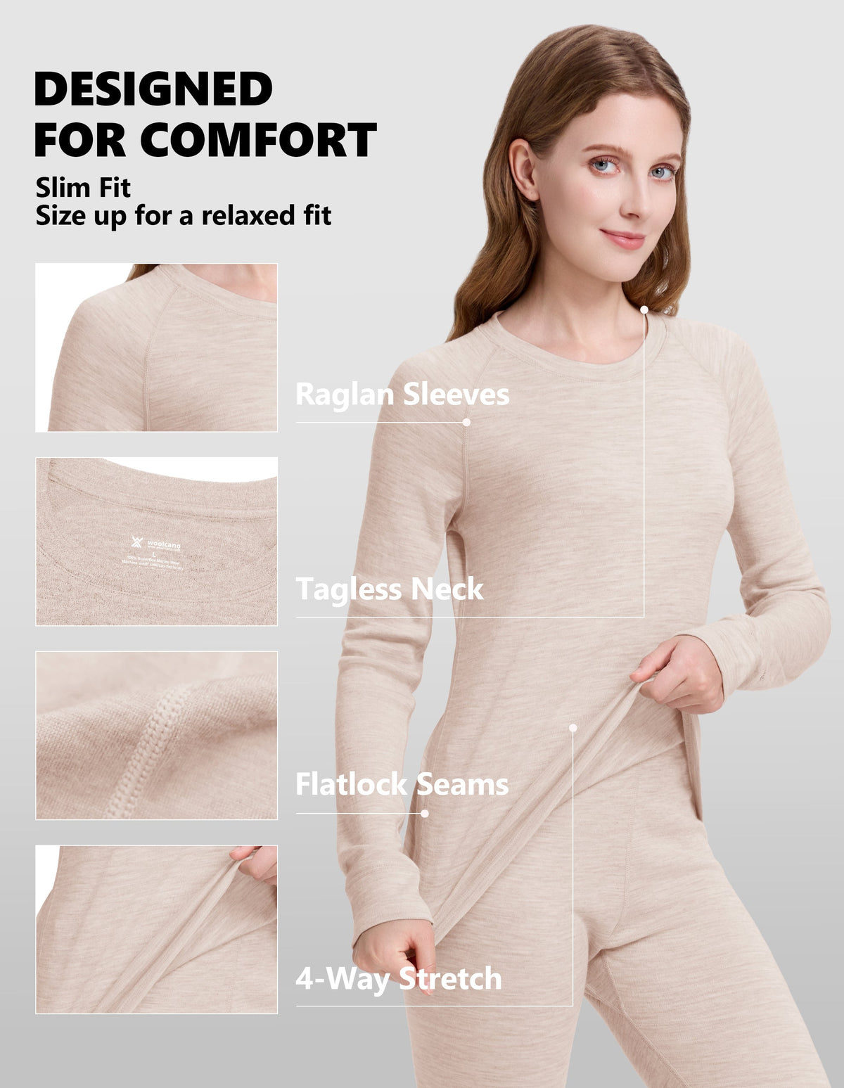 Woolcano Women's 190g Merino Wool Base Layer Set Lightweight Thermal Underwear